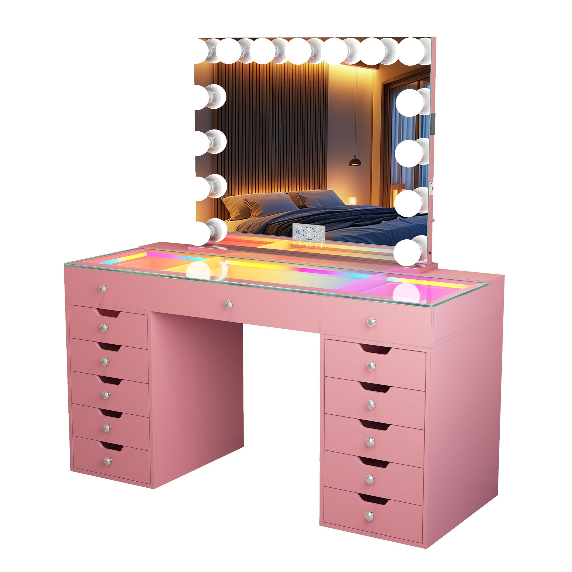VANITII Eva-RGB Vanity Desk Set with 13 Storage Drawers and 15 Bulbs Light Mirror