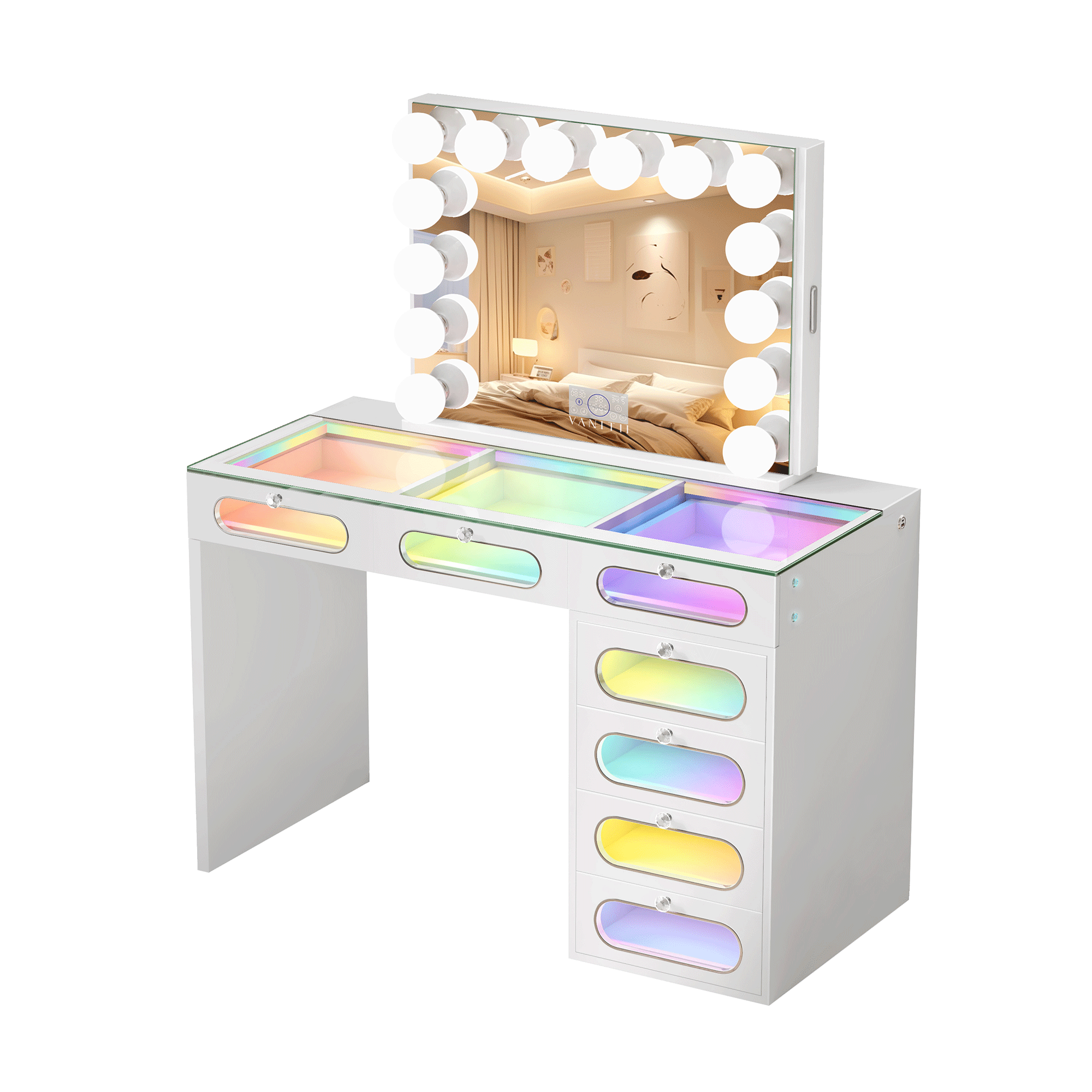 VANITII 7 Glass Fronted Drawers with Hollywood Vanity Mirror