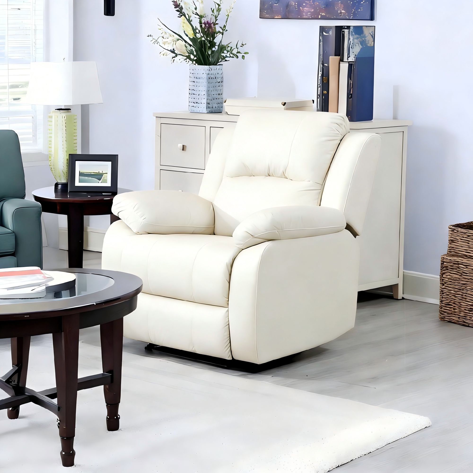 Lume Power Recliner 1-Seater Sofa in Ivory Faux Leather with Hidden Cupholders