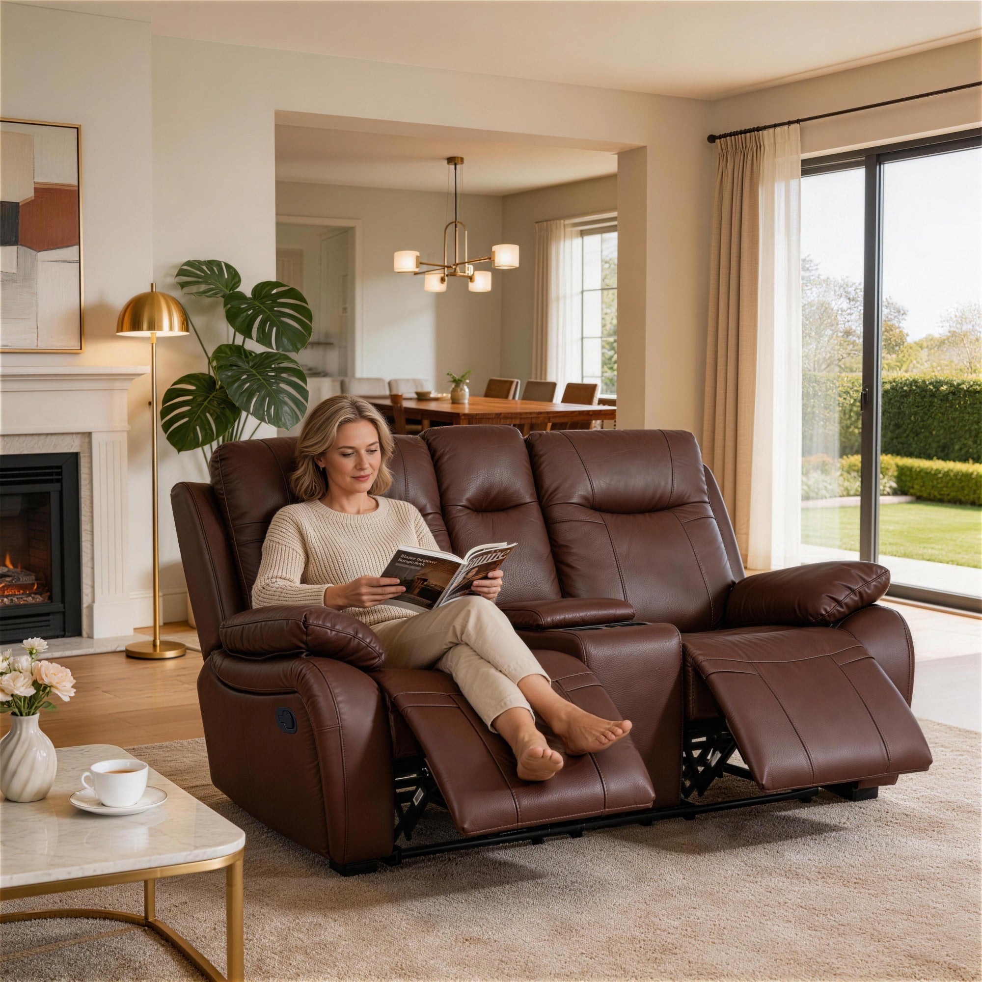 A lady was sitting on the Evian Manual Recliner Loveseat, reading a book comfortably.