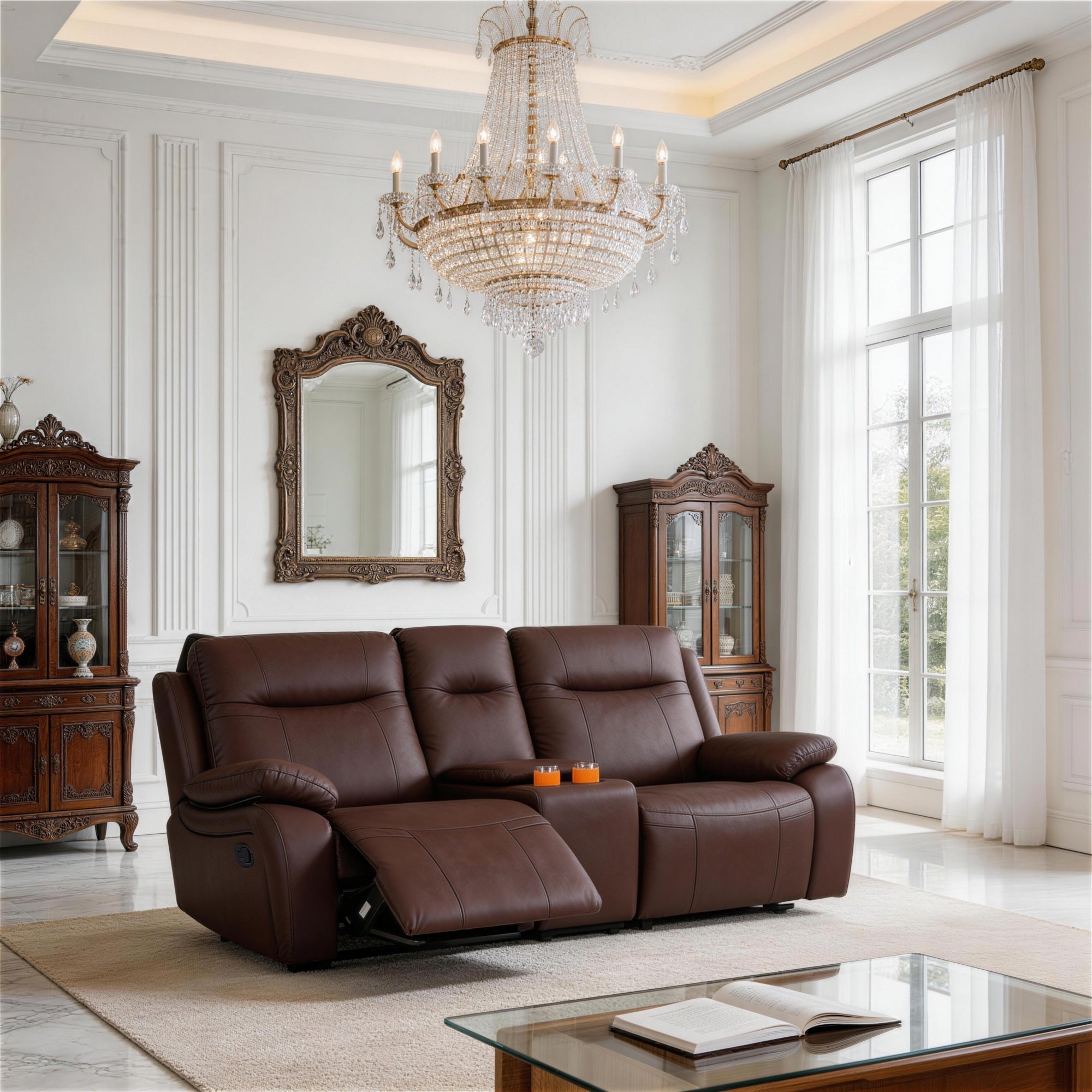 Evian Manual Recliner Loveseat is placed in the living room,being both beautiful and practical.
