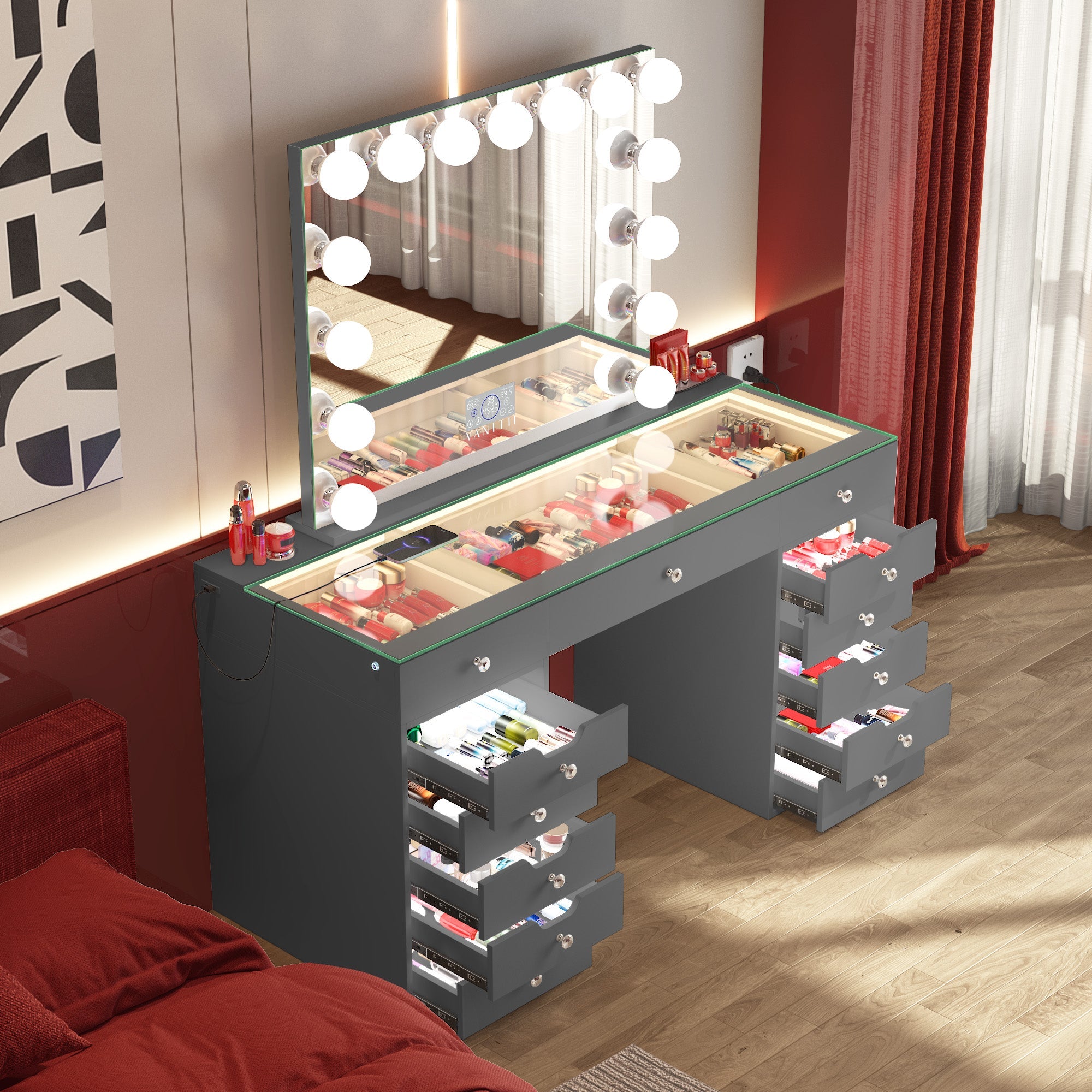 Promotion ! VANITII Eva Vanity Desk with Lights and 15 bulbs Vanity Mirror