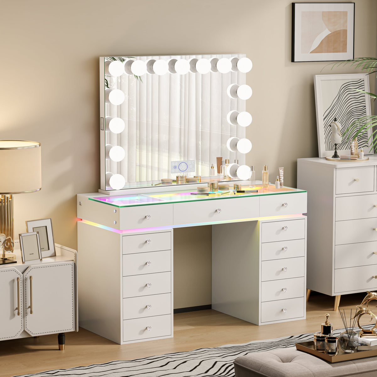 VANITII Mini Eva Vanity Desk Set - 13 Storage Drawers With 15 Bulbs