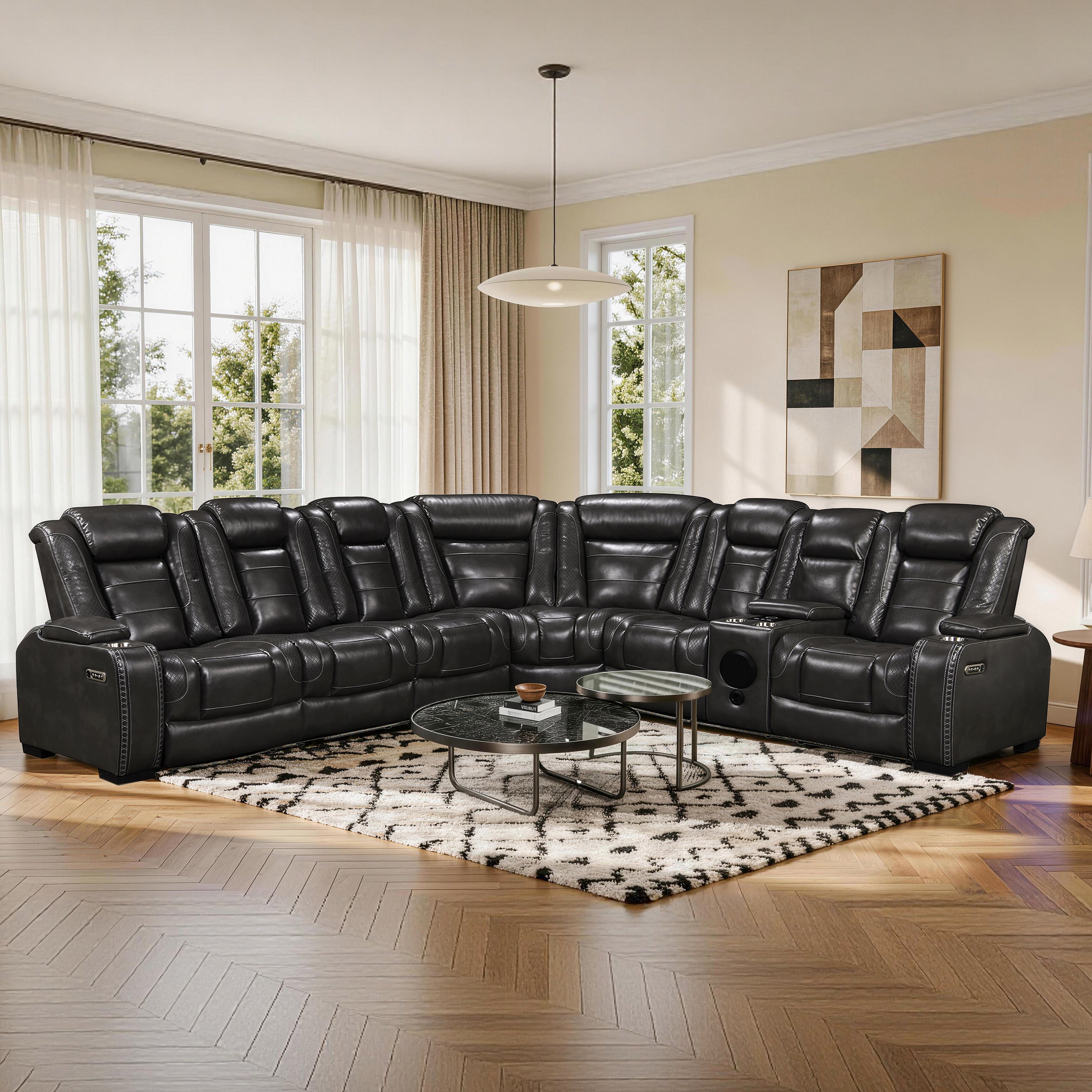 Power Recliner Sectional is placed in the living room,being both beautiful and practical.