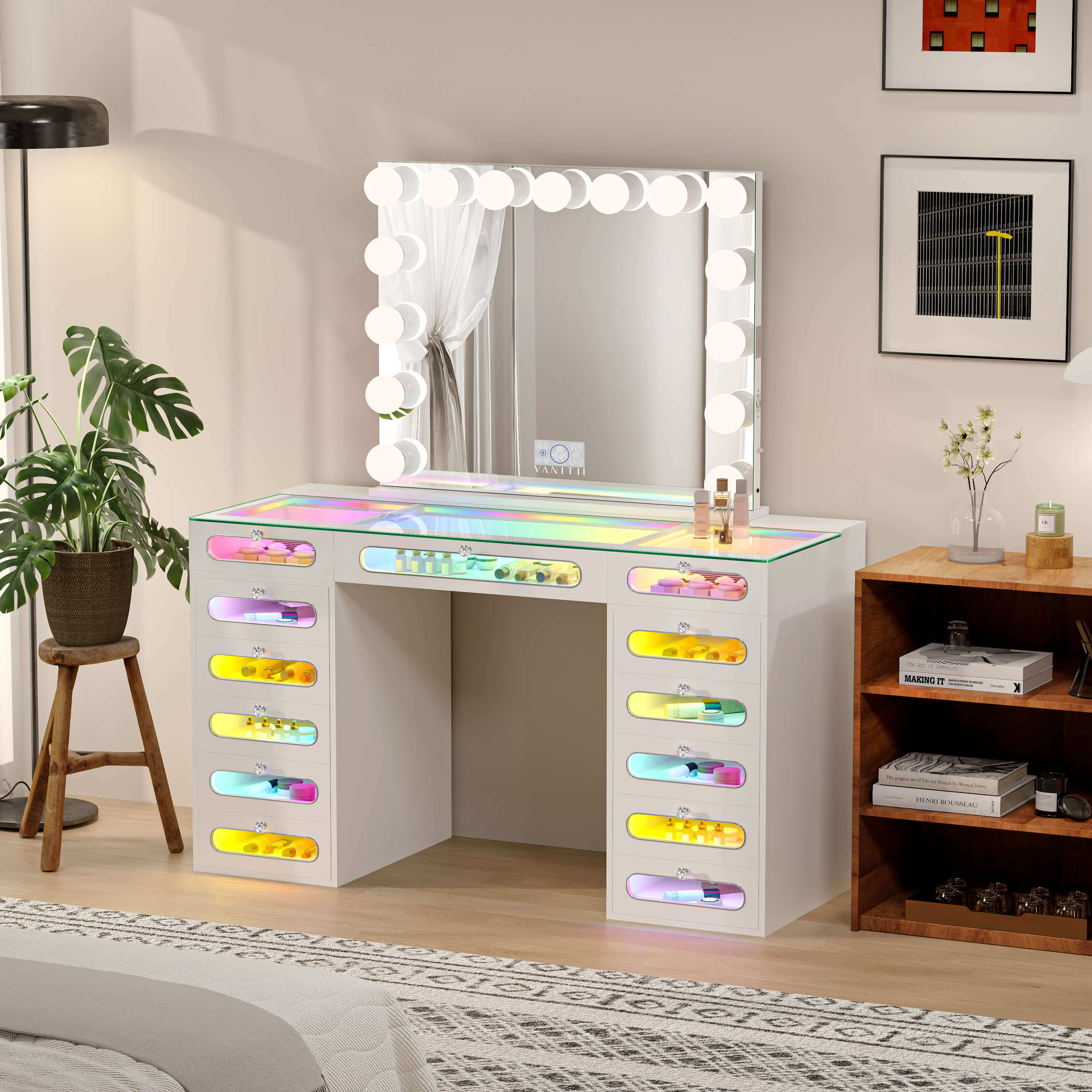 VANITII Priscilla Makeup Vanity Desk Set With 13 Drawers & 15 LED Bulbs Mirror