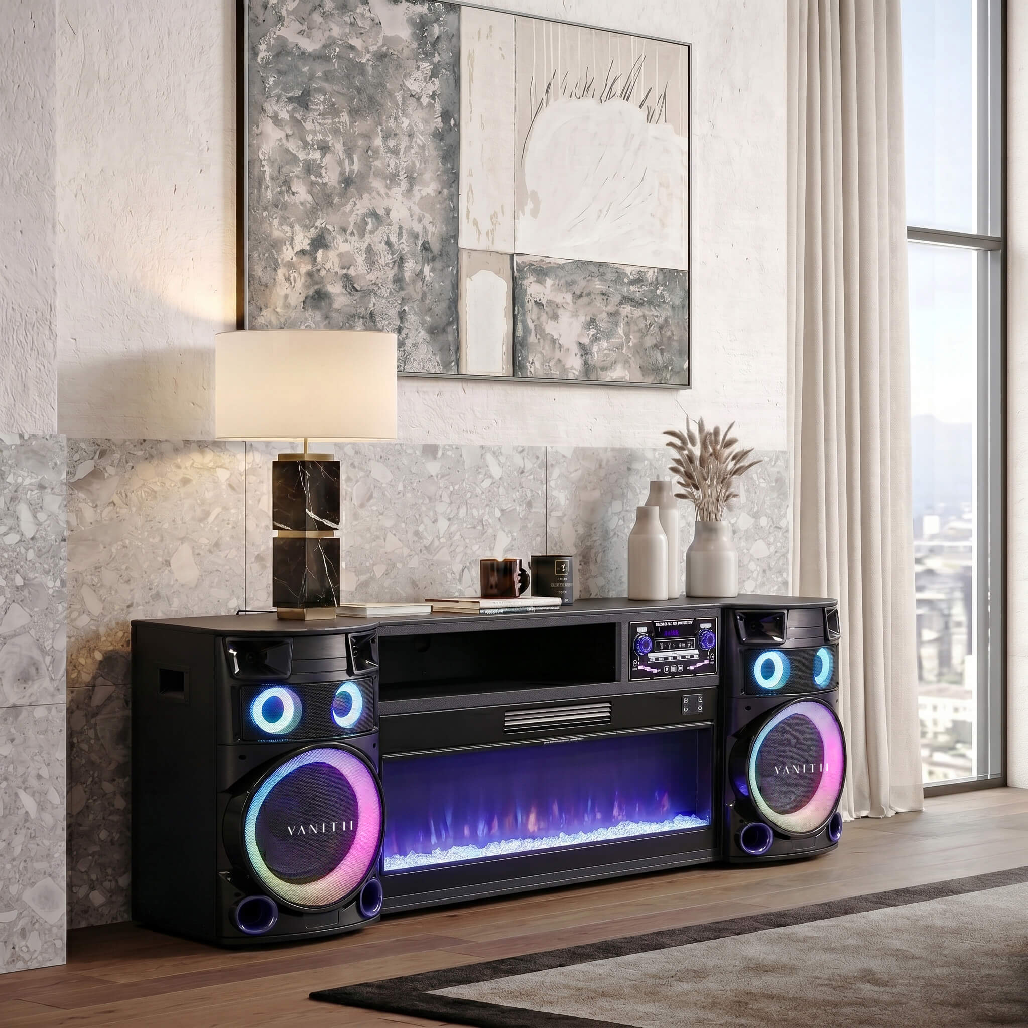 VANITII Smart Fireplace & Sound Station with Bluetooth Speakers & LED Lights