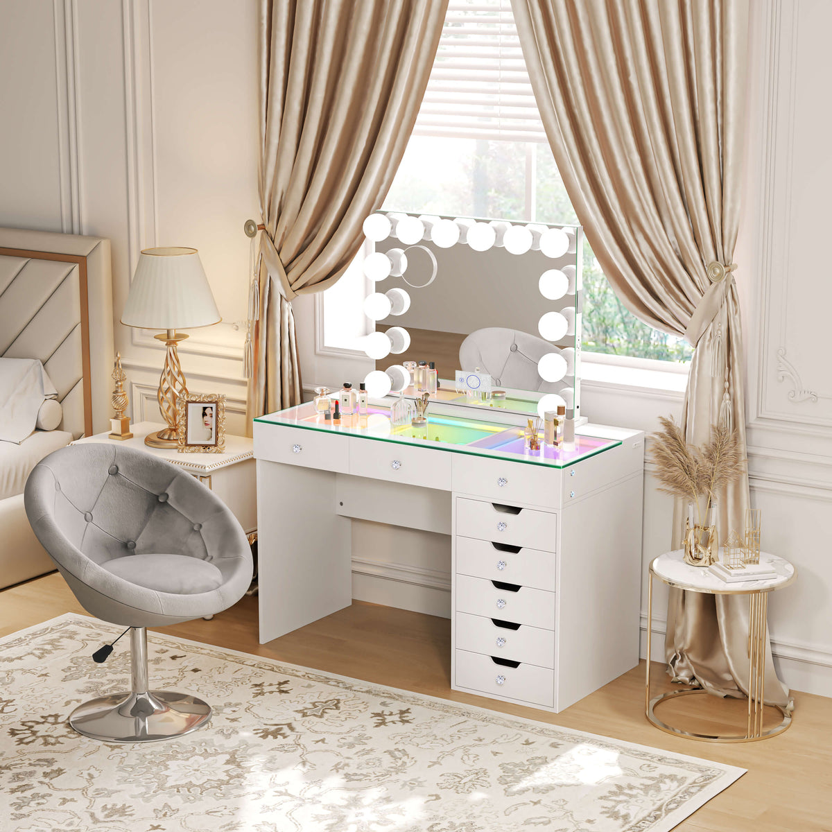 VANITII Diana Vanity Desk Set- 8 Storage Drawers with Vanity Mirror