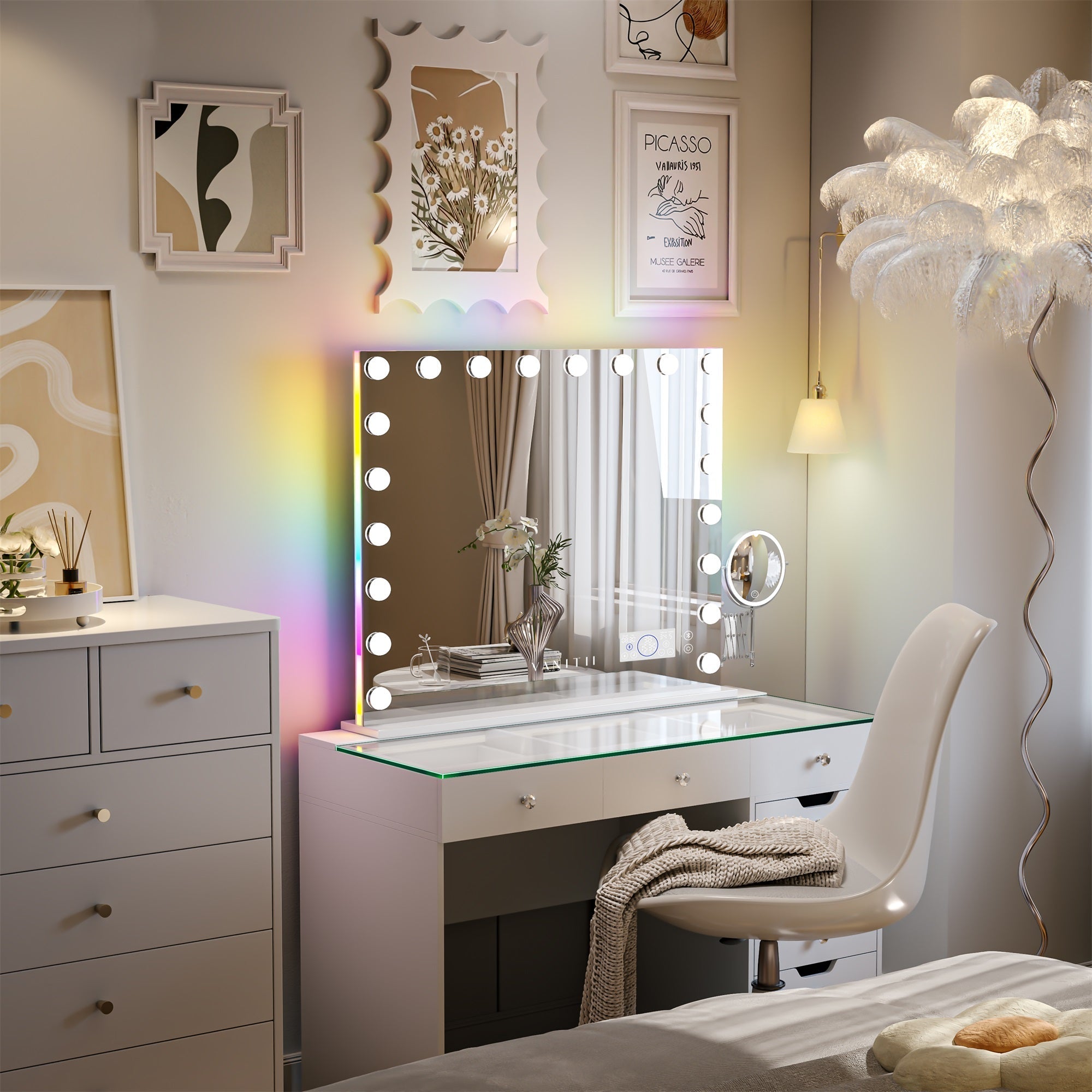 VANITII Hollywood 20 Bulbs Light Mirror features touch sensor control,10X extendable LED magnifier,built-in Bluetooth speaker and RGB lighting.It is placed in the bedroom, both beautiful and practical.