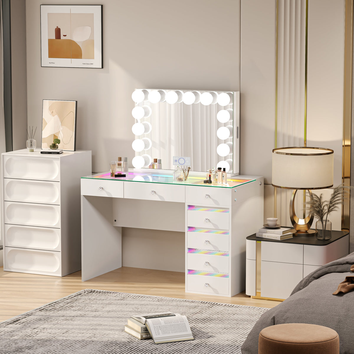 The VANITII Fenair Vanity Desk Set features a 14 LED Light Bulbs , Mirror with Hidden Side Jewelry Racks，7 crystal-knob drawers,USB&Type-C Ports and built-in Bluetooth Speaker. It adopts a simple white design, and it place in the bedroom perfectly combining beauty and functionality.
