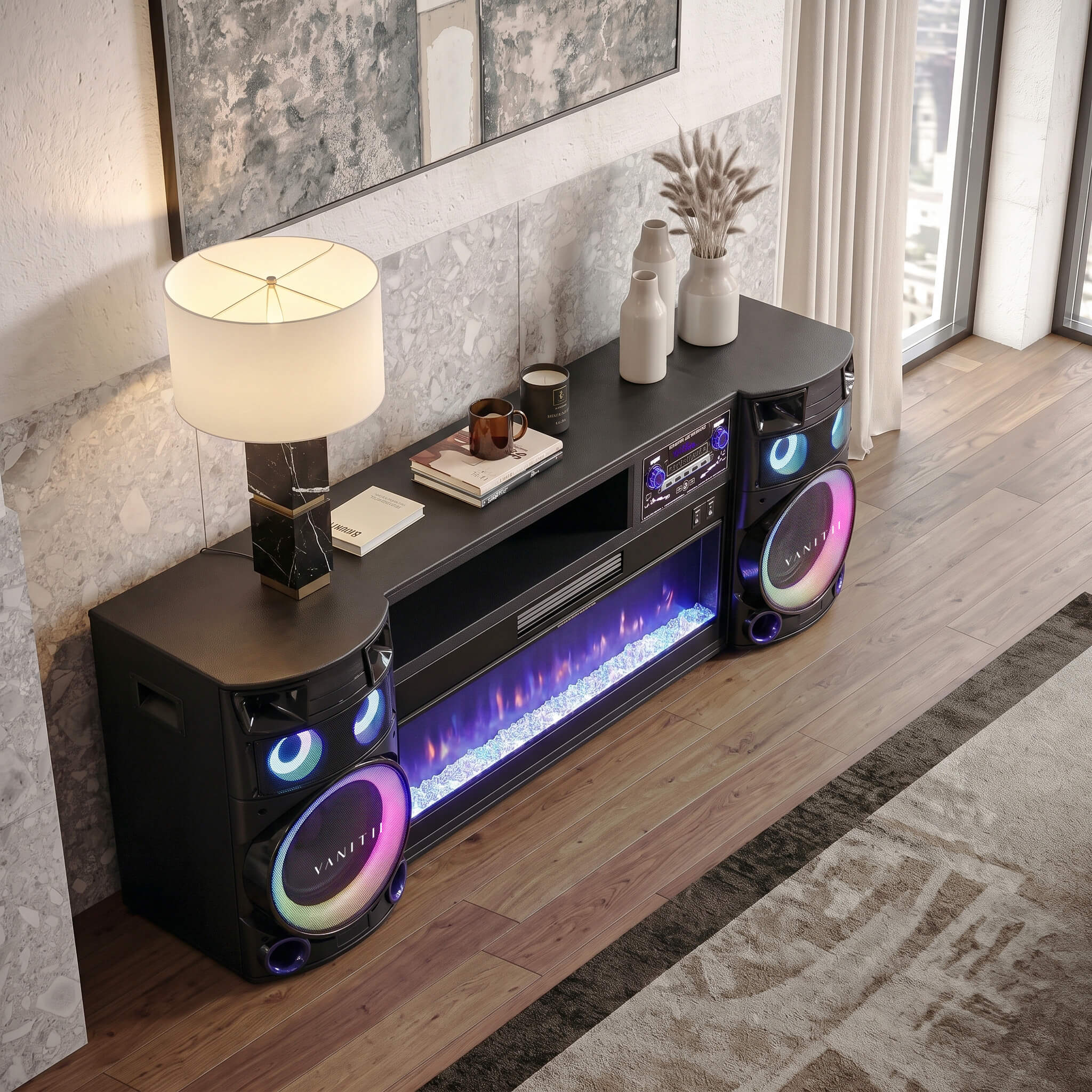 VANITII Smart Fireplace & Sound Station with Bluetooth Speakers & LED Lights