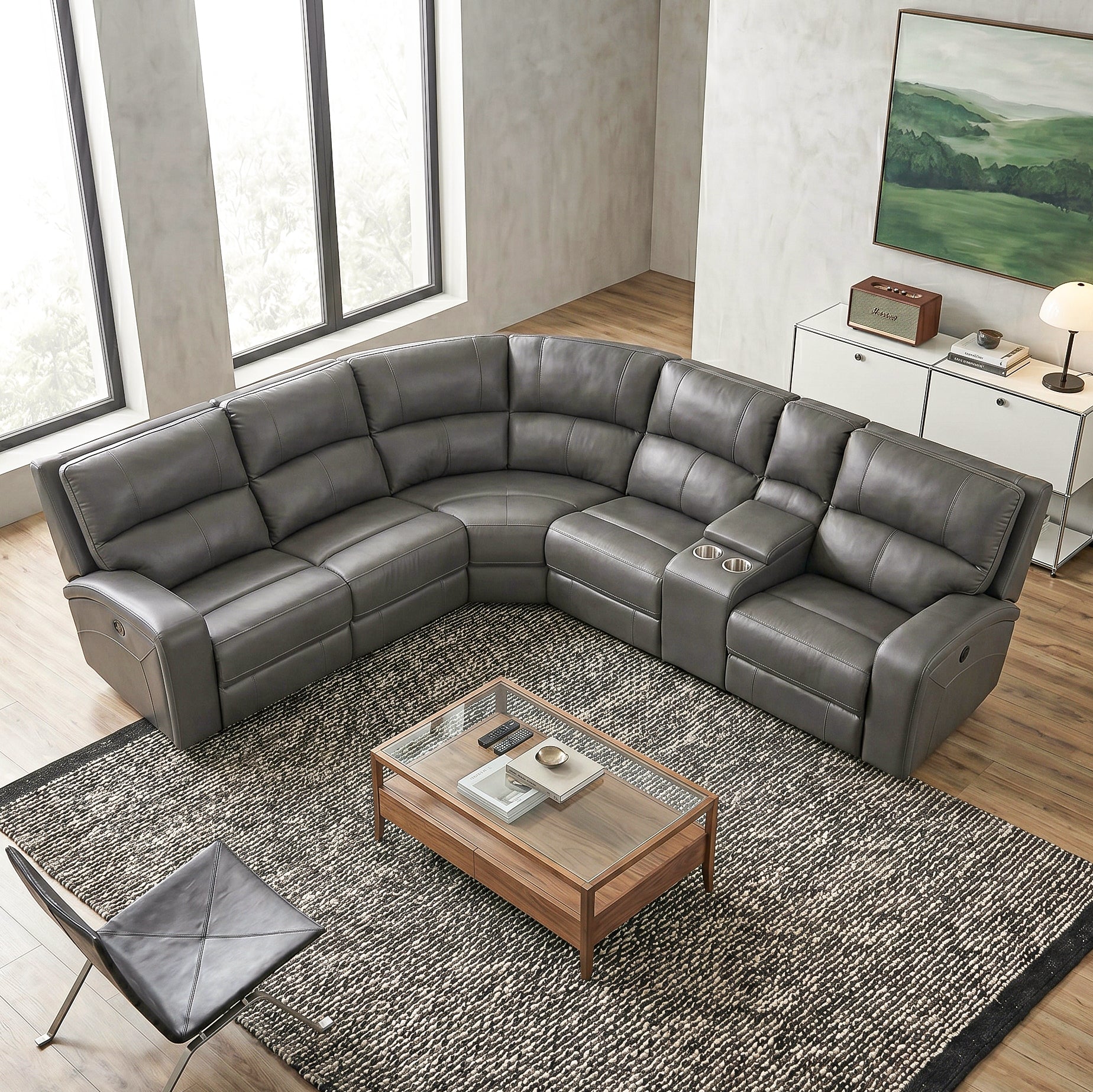 Corpus Gray Leather Reclining Sectional, L-Shaped Corner Couch with Cup Holders for Living Room