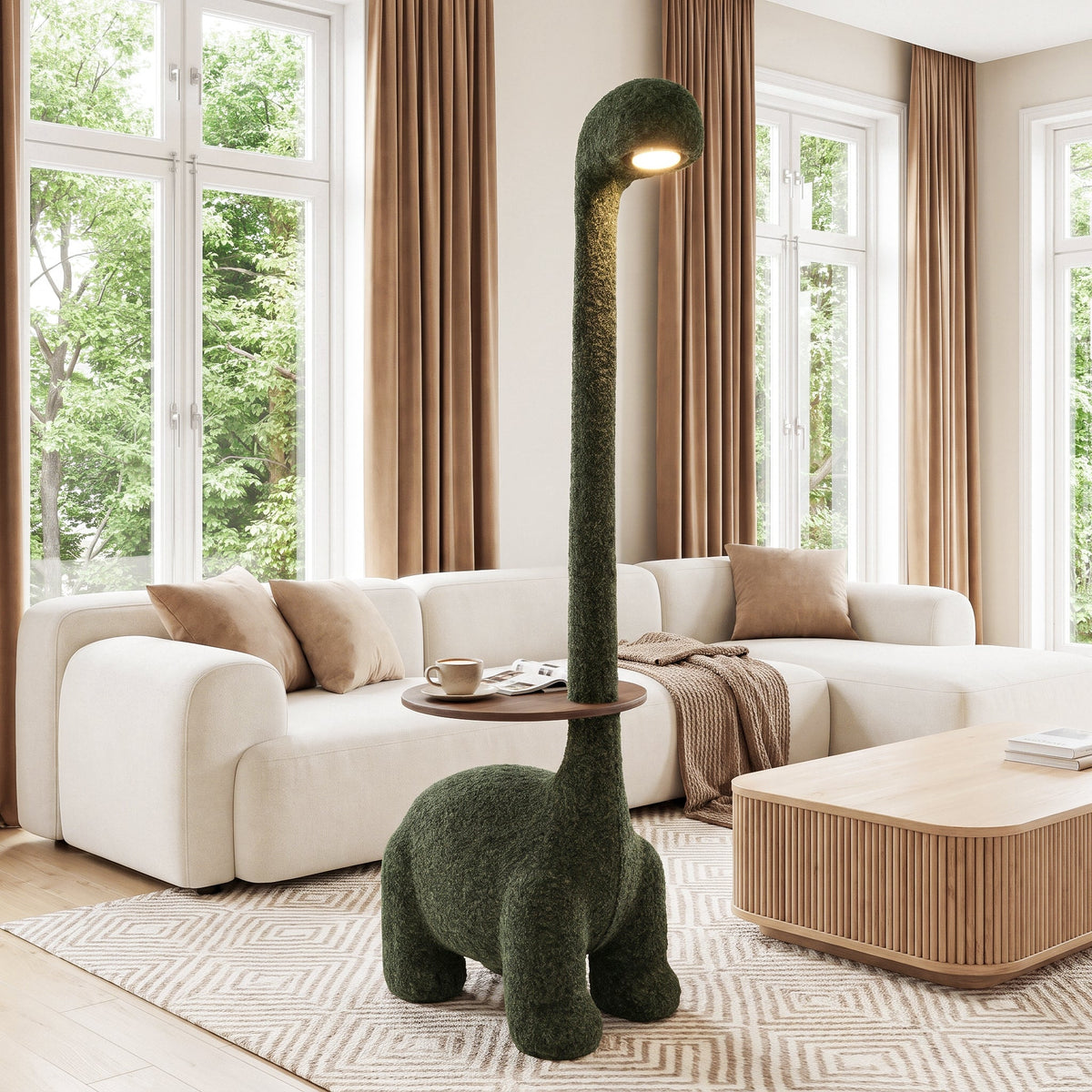 Cute Leisure Side Table - 3-in-1 Plush Dinosaur End Table with Wooden Tray