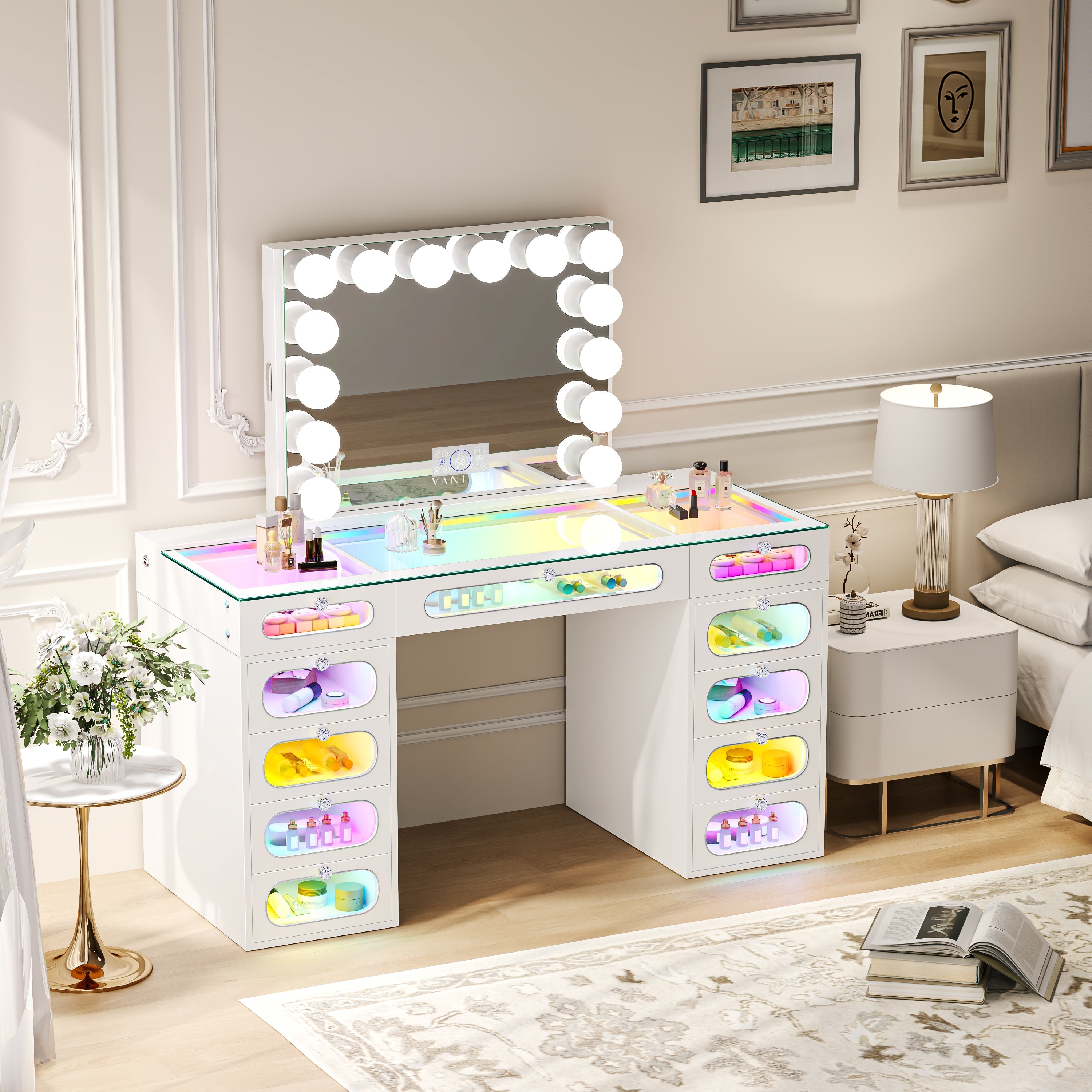 Priscilla Vanity Desk Set: Hollywood Mirror with Jewelry Cabinet Priscilla Vanity Desk Set: Hollywood Mirror with Jewelry Cabinet