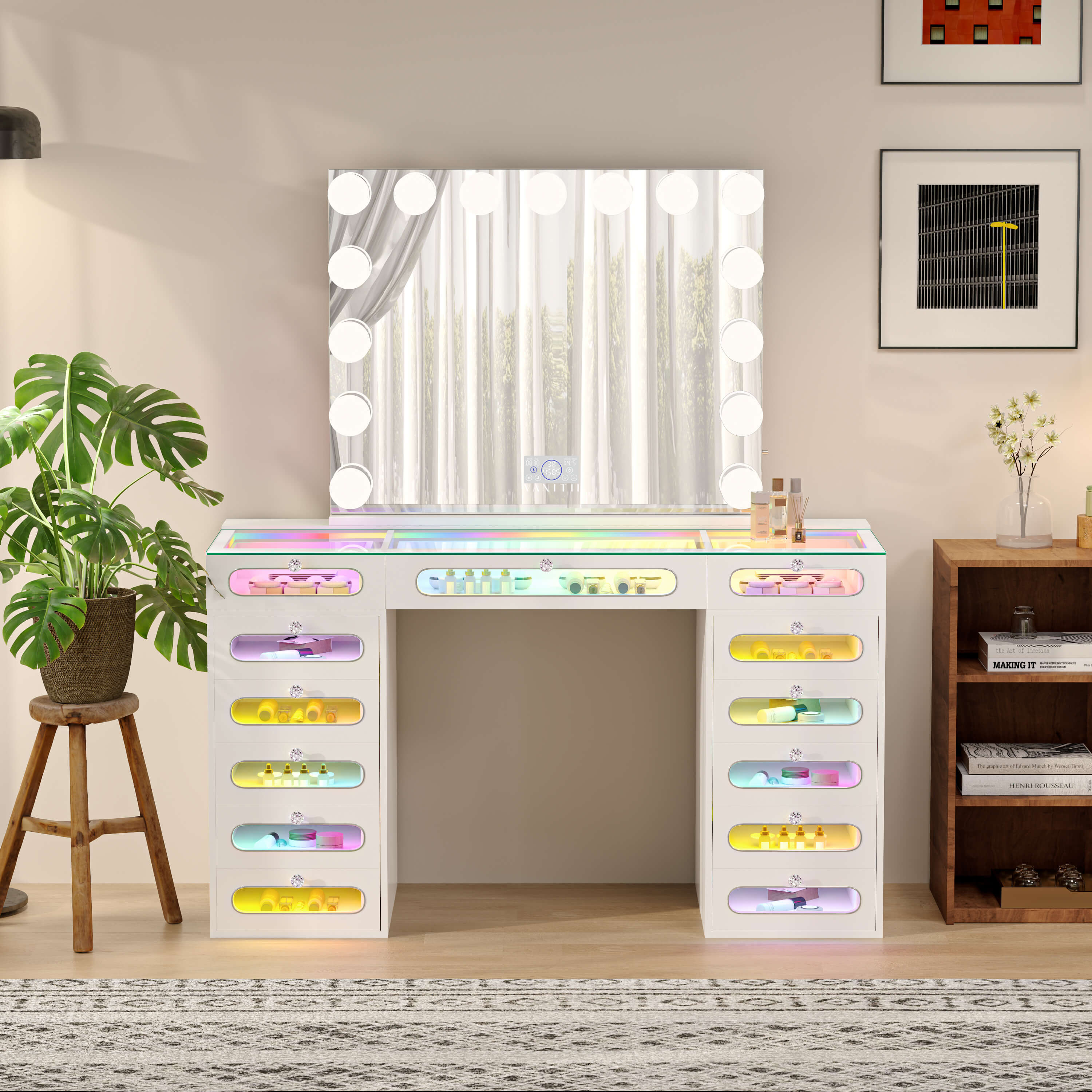 VANITII Priscilla Makeup Vanity Desk Set With 13 Drawers & 15 LED Bulbs Mirror