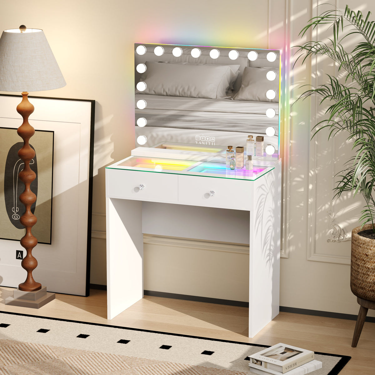 The VANITII Scarlet Vanity Desk Set features a mirror with 18 LED Light Bulbs,2 crystal-knob drawers,smart touch control,USB&Type-C Ports and built-in Bluetooth Speaker. It adopts a simple white design, and it place in the bedroom perfectly combining beauty and functionality.
