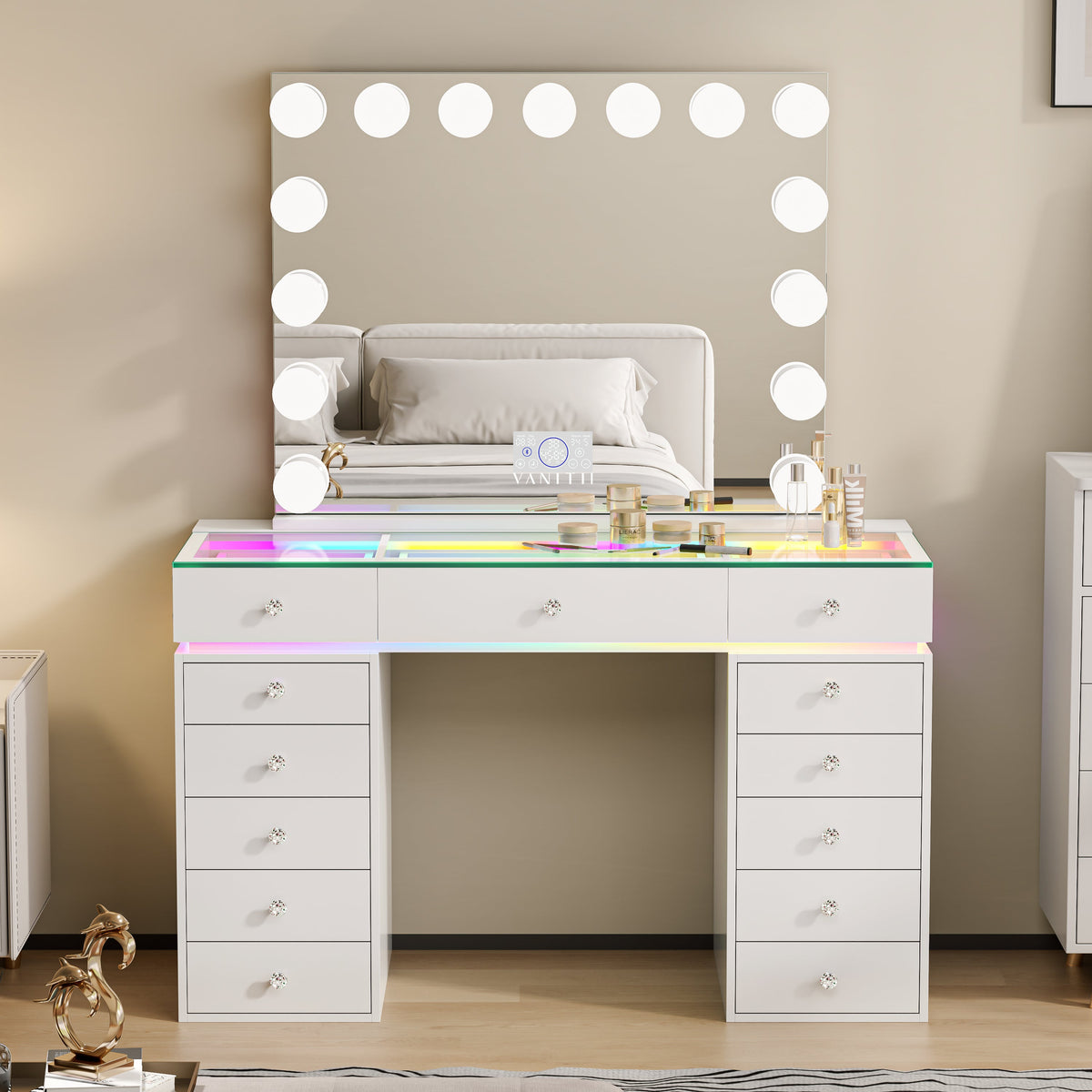 VANITII Mini Eva Vanity Desk Set - 13 Storage Drawers With 15 Bulbs