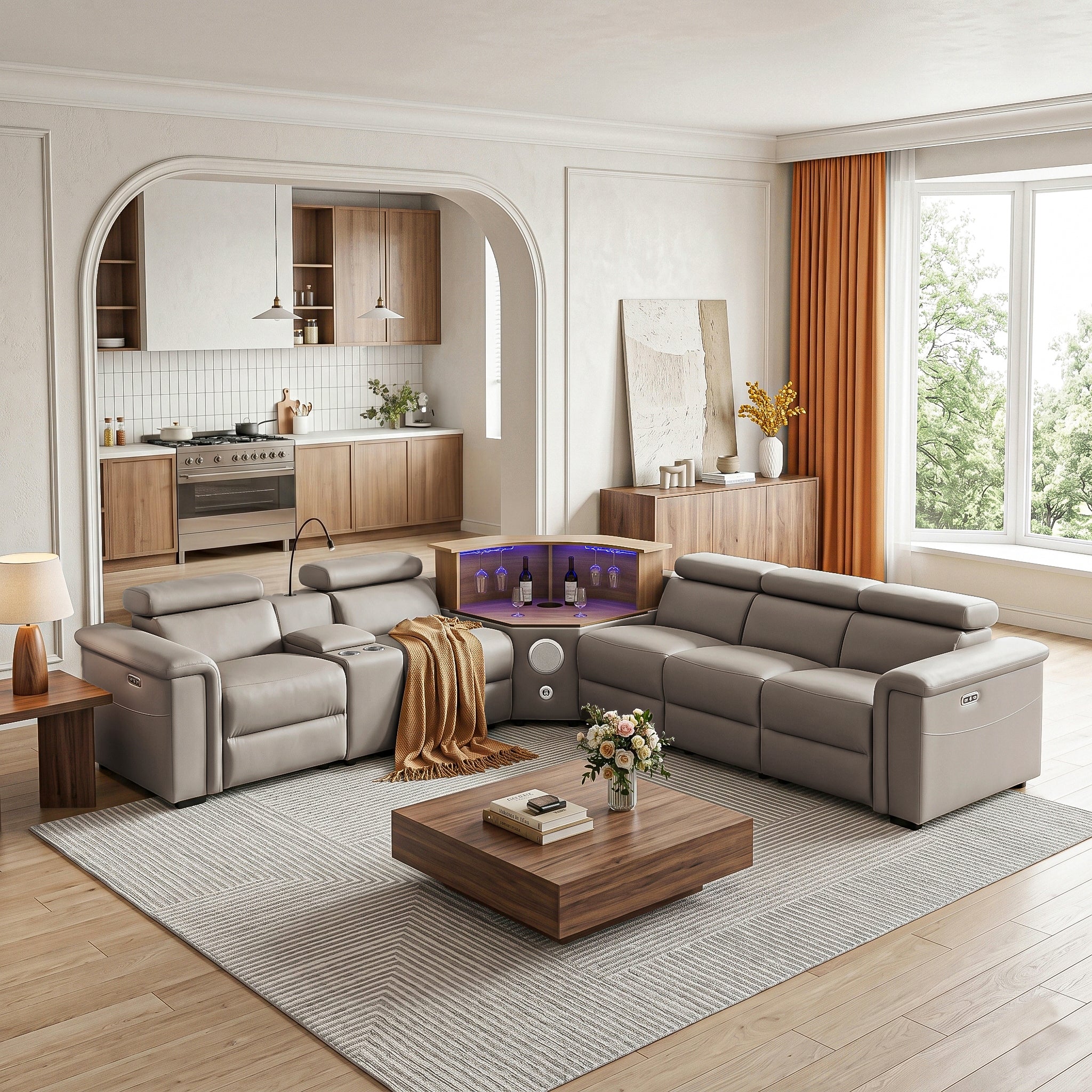 Khaki power reclining sectional sofa set with center wine console, built-in bluetooth speaker, LED wine rack & hidden cup holder, electric recliner leather couch for living room