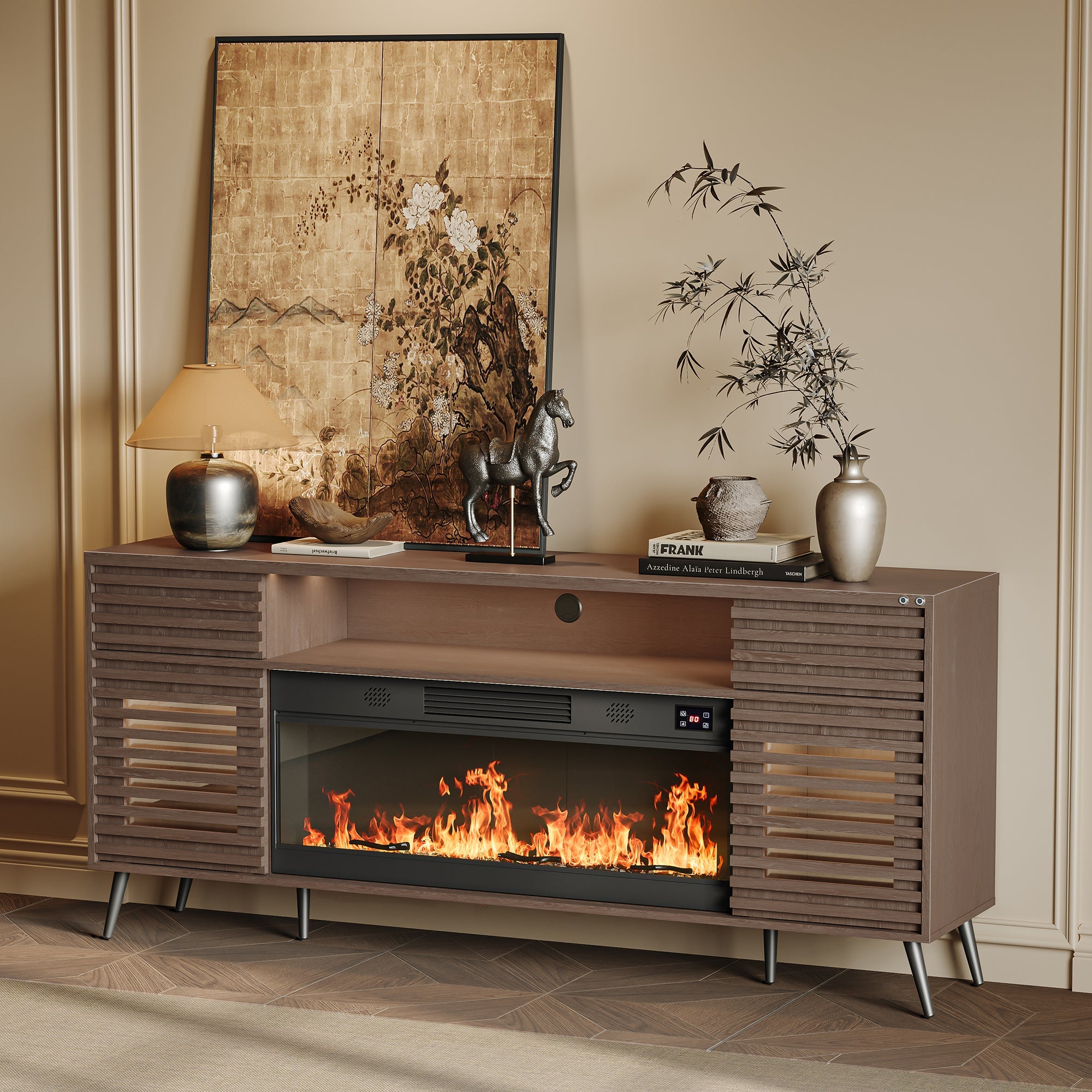 SITA Fully Assembled 71" TV Stand with Electric Fireplace.It is placed in the living room,being both beautiful and practical.