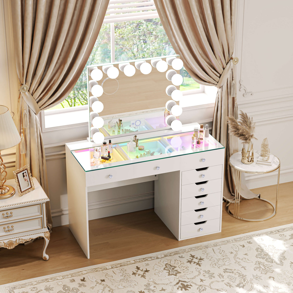 VANITII Diana Vanity Desk Set- 8 Storage Drawers with Vanity Mirror