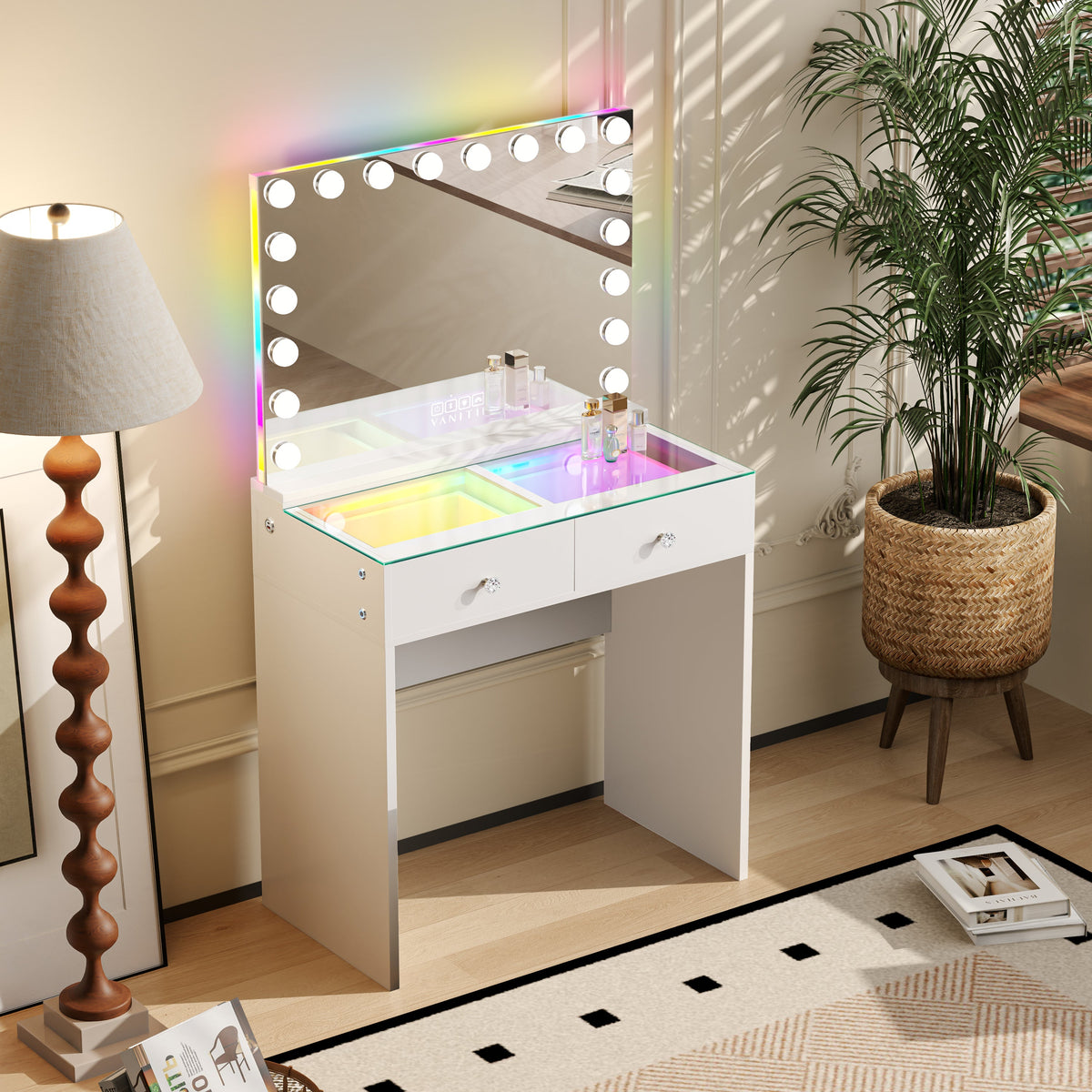 The VANITII Scarlet Vanity Desk Set features a mirror with 18 LED Light Bulbs,2 crystal-knob drawers,smart touch control,USB&Type-C Ports and built-in Bluetooth Speaker. It adopts a simple white design, and it place in the bedroom perfectly combining beauty and functionality.
