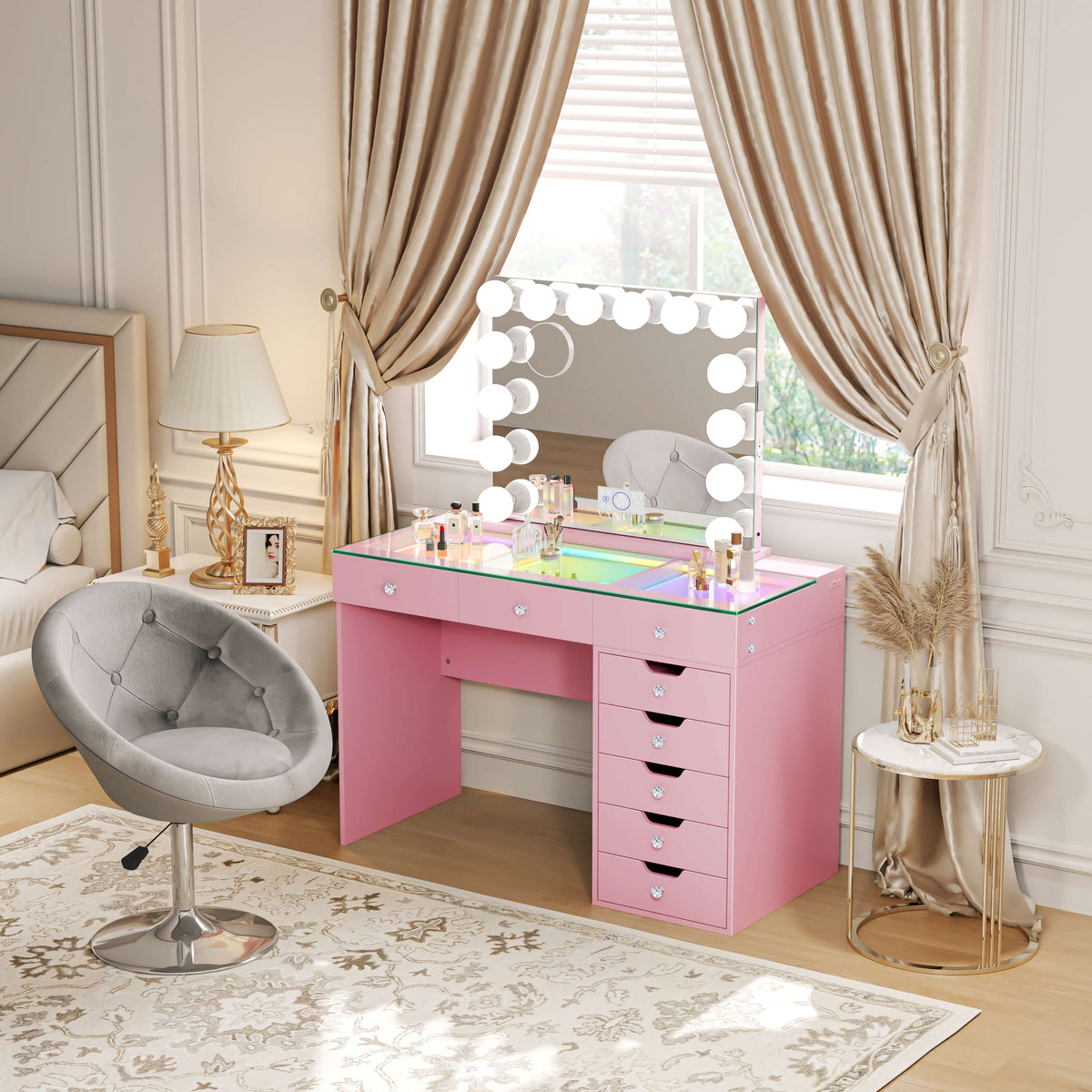 VANITII Diana Vanity Desk Set- 8 Storage Drawers with Vanity Mirror