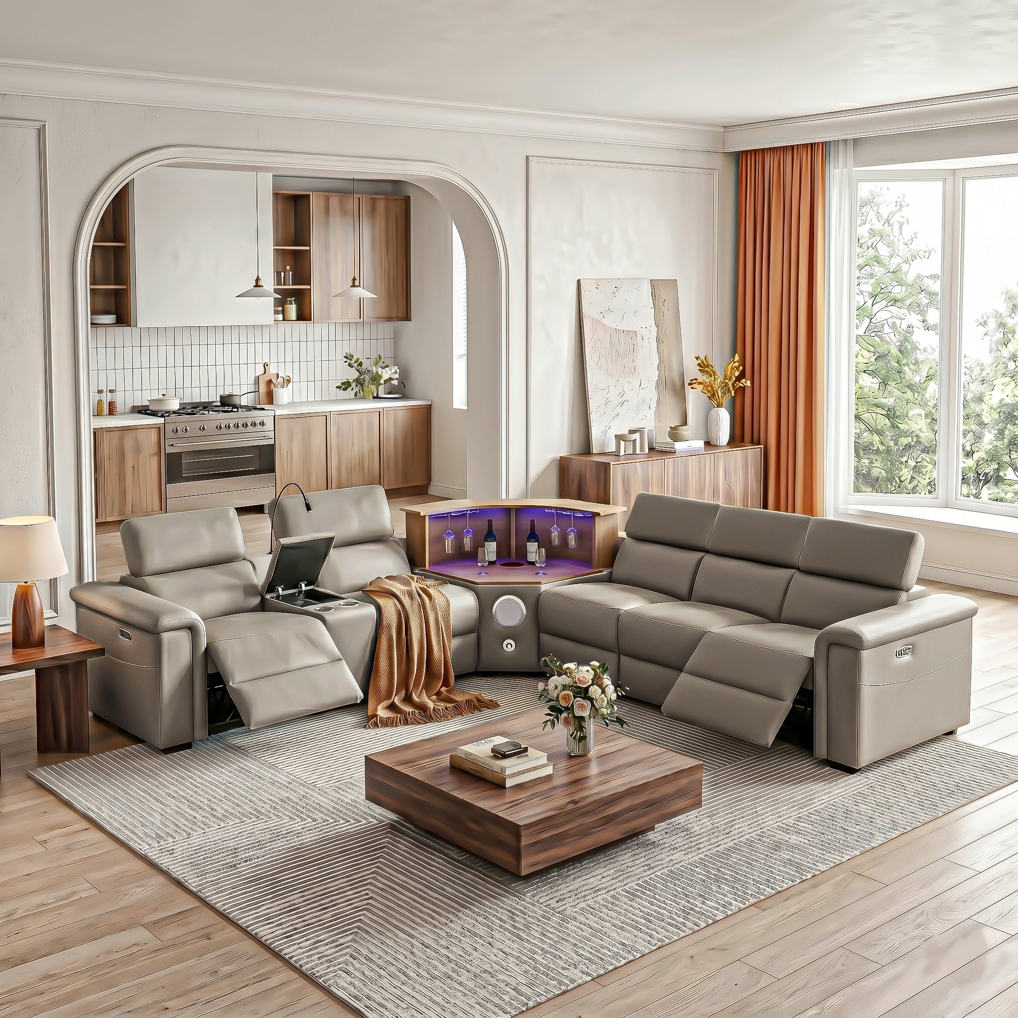 Khaki power reclining sectional sofa set with center wine console, built-in bluetooth speaker, LED wine rack & hidden cup holder, electric recliner leather couch for living room