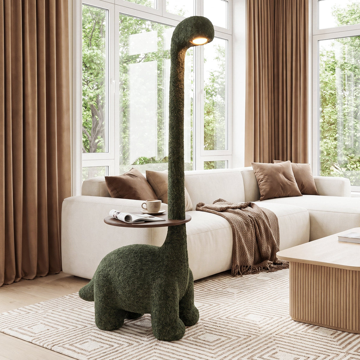 Cute Leisure Side Table - 3-in-1 Plush Dinosaur End Table with Wooden Tray