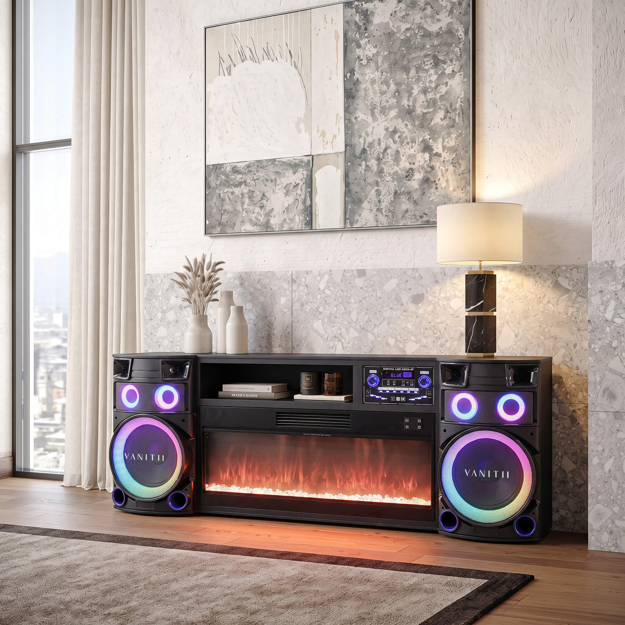 VANITII Smart Fireplace & Sound Station with Bluetooth Speakers & LED Lights