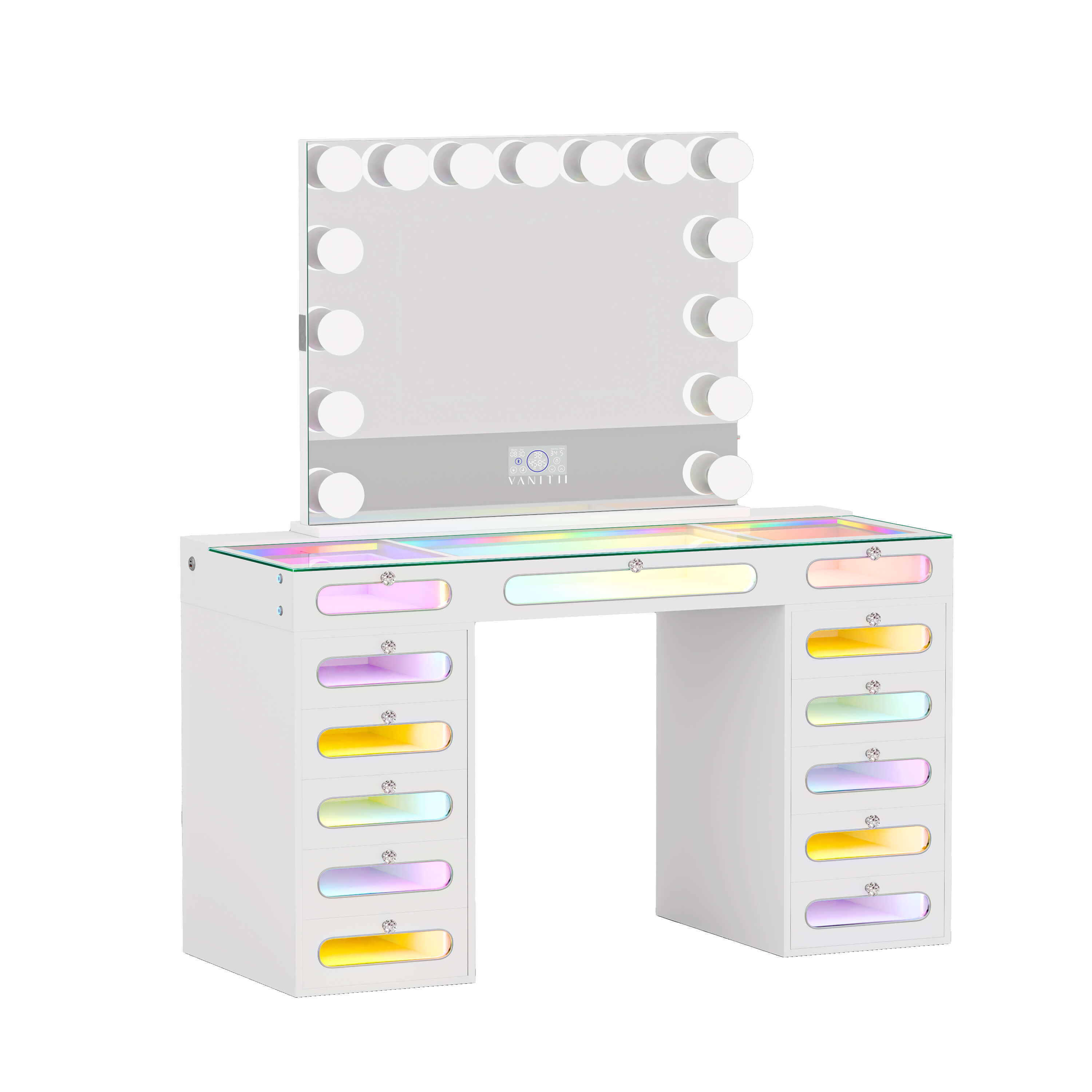 VANITII Priscilla Makeup Vanity Desk Set With 13 Drawers & 15 LED Bulbs Mirror