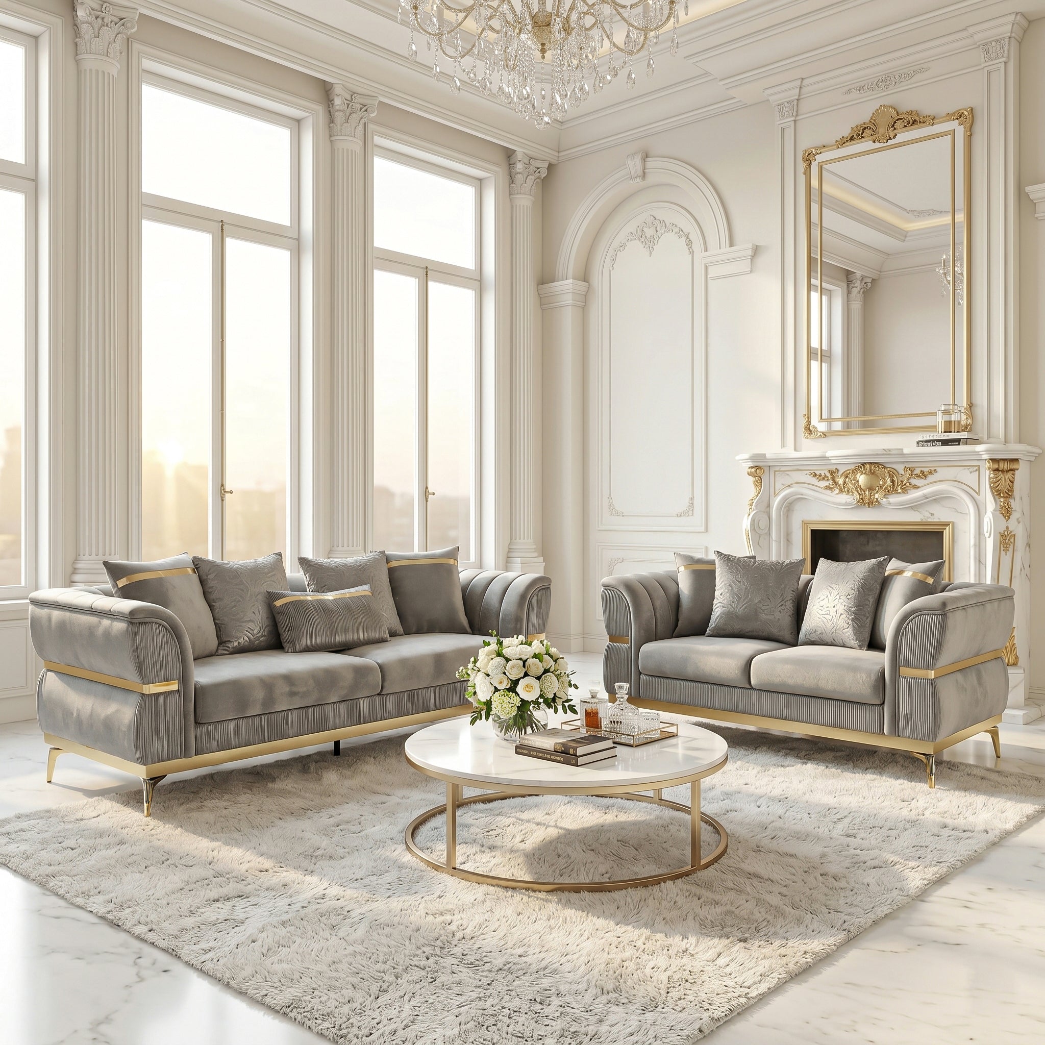 Velvet Chestfield Sofa Set In Gray