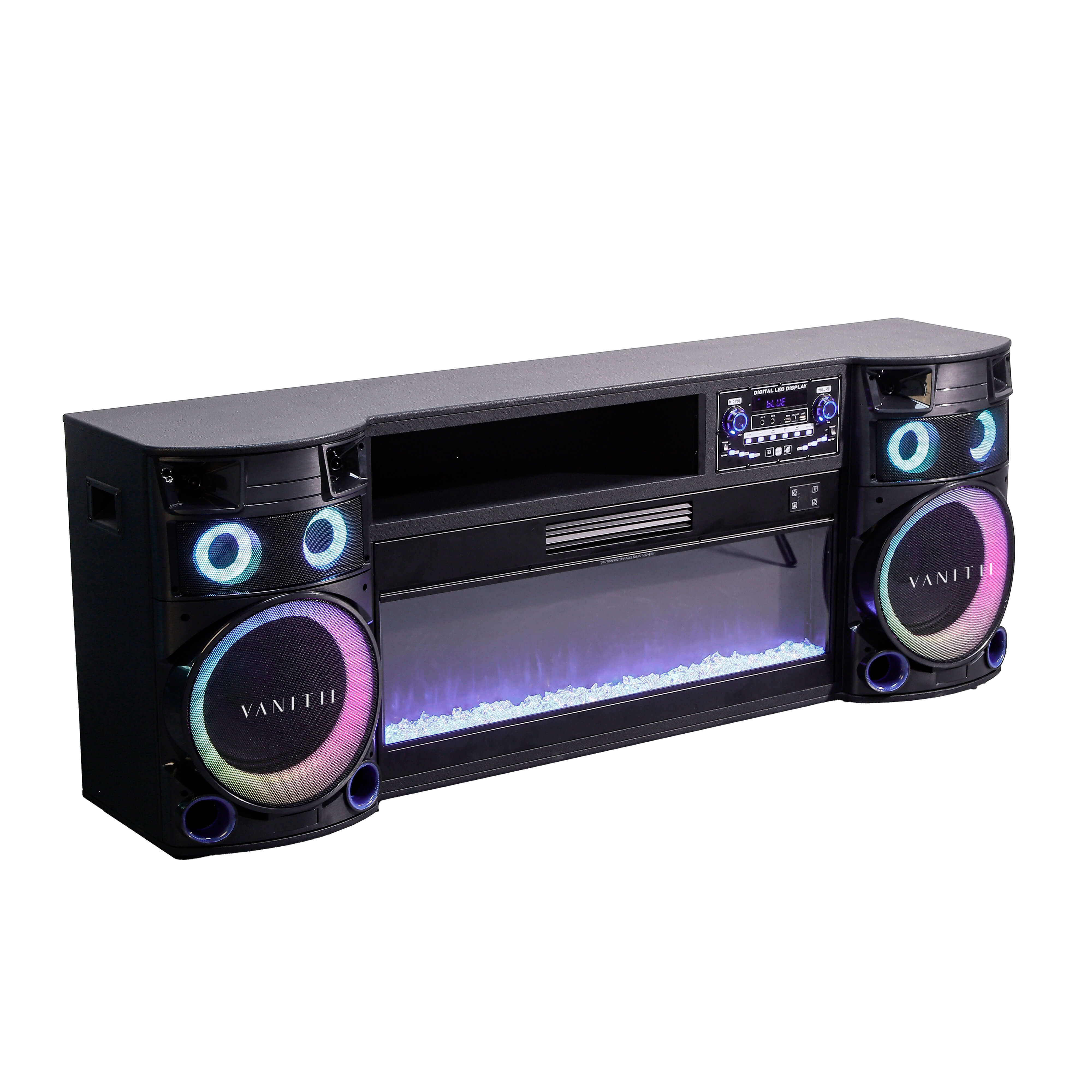 VANITII Smart Fireplace & Sound Station with Bluetooth Speakers & LED Lights