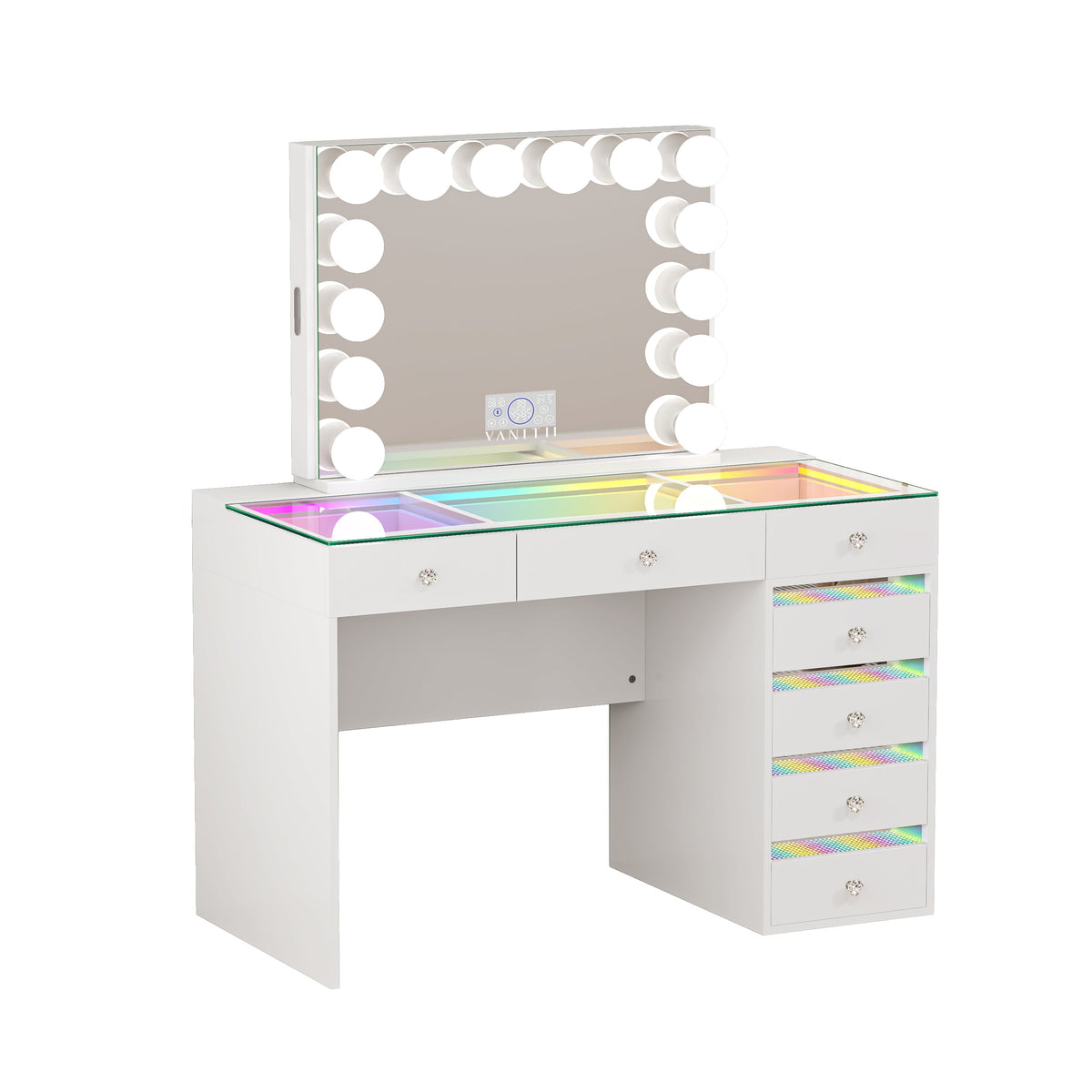 The VANITII Fenair Vanity Desk Set features a 14 LED Light Bulbs , Mirror with Hidden Side Jewelry Racks，7 crystal-knob drawers,USB&Type-C Ports and built-in Bluetooth Speaker. It adopts a simple white design, perfectly combining beauty and functionality.