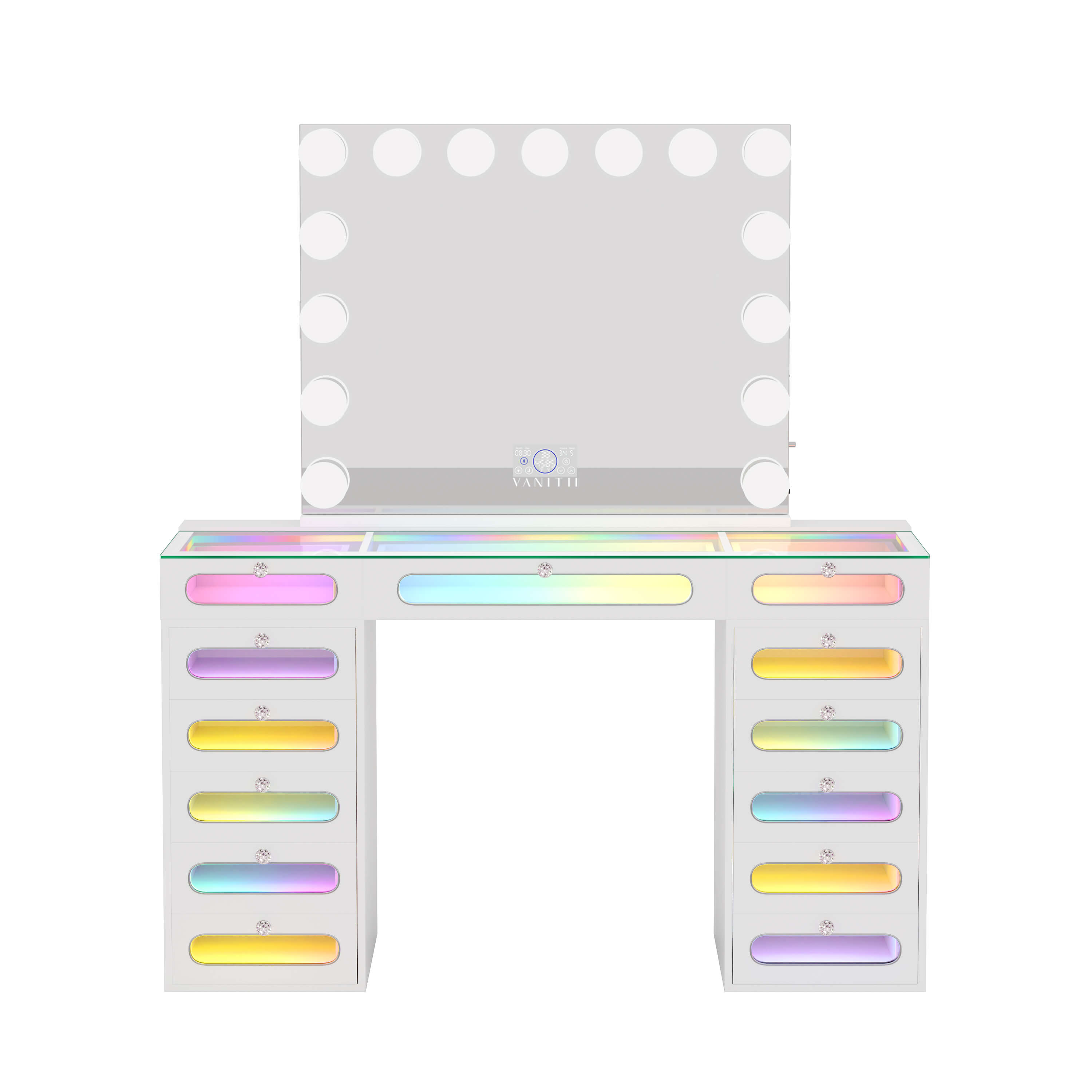 VANITII Priscilla Makeup Vanity Desk Set With 13 Drawers & 15 LED Bulbs Mirror
