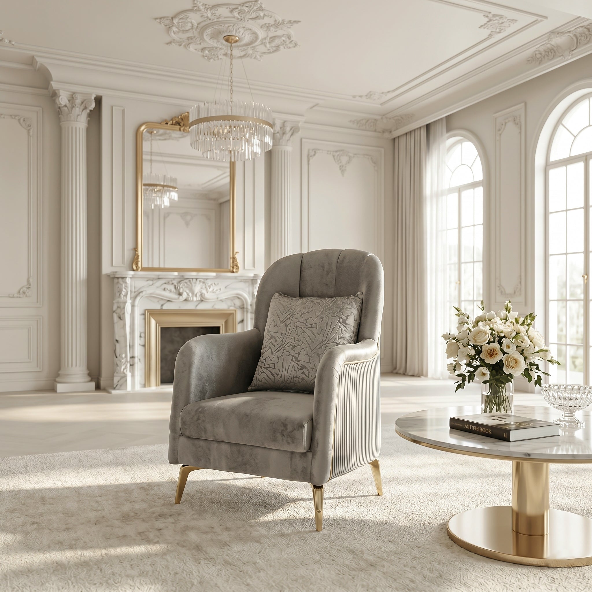 Velvet Chestfield Sofa Set In Gray