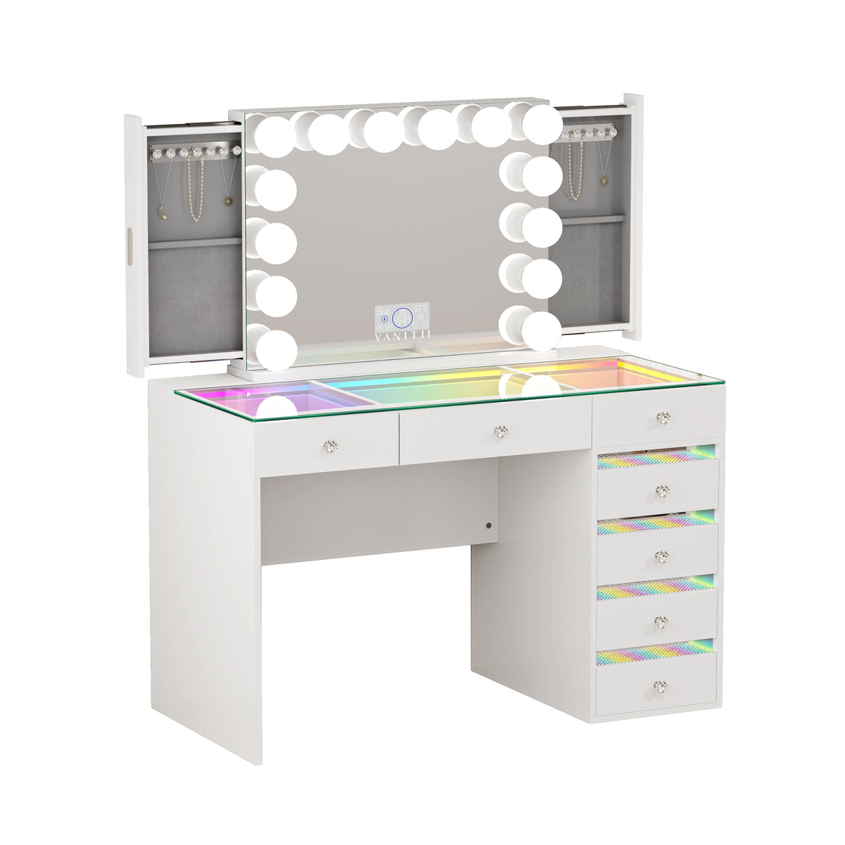 The VANITII Fenair Vanity Desk Set features a 14 LED Light Bulbs , Mirror with Hidden Side Jewelry Racks，7 crystal-knob drawers,USB&Type-C Ports and built-in Bluetooth Speaker. It adopts a simple white design, perfectly combining beauty and functionality.