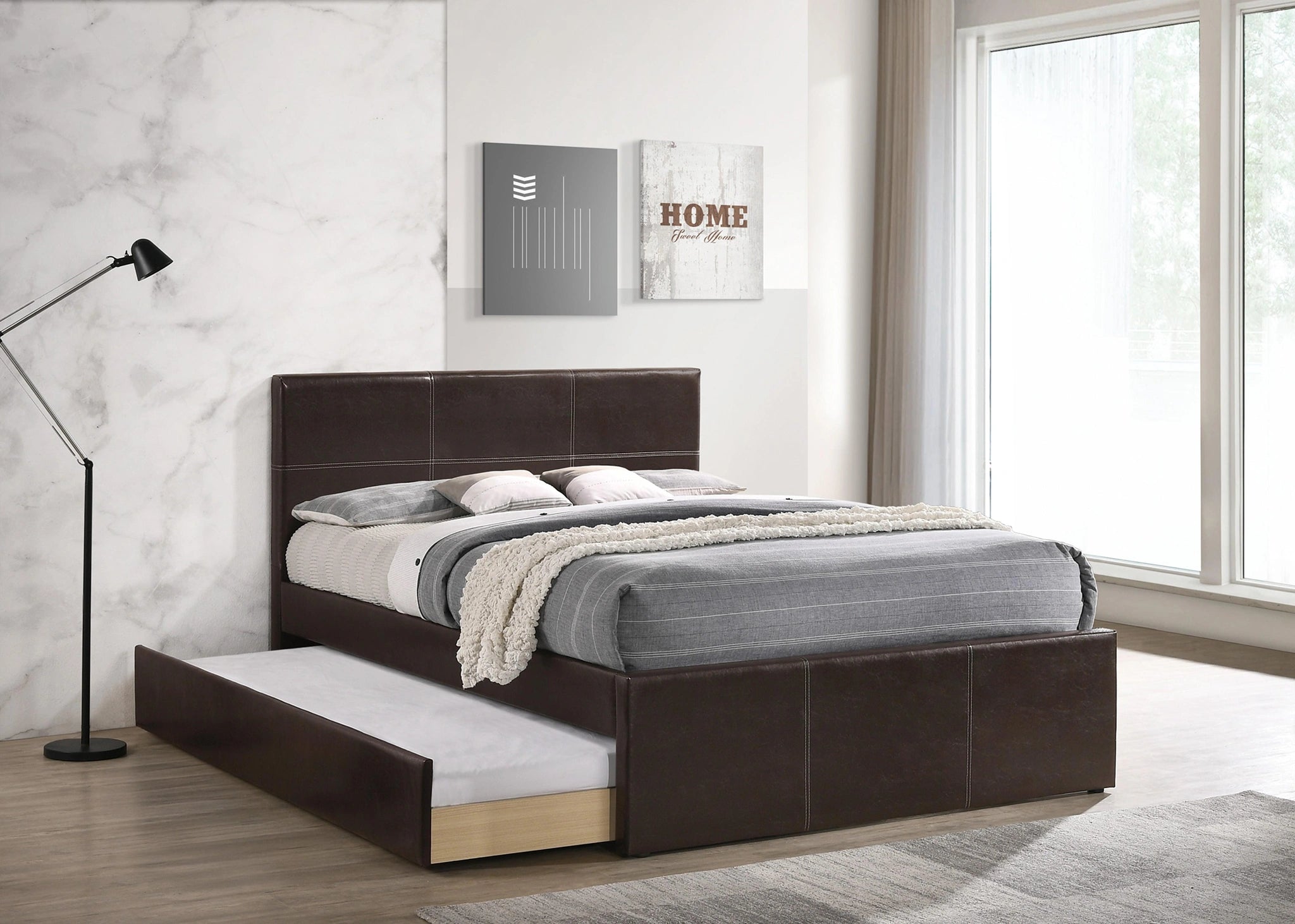 Liihcc Twin Bed W/Trundle Espresso Faux Leather in Brown / Na