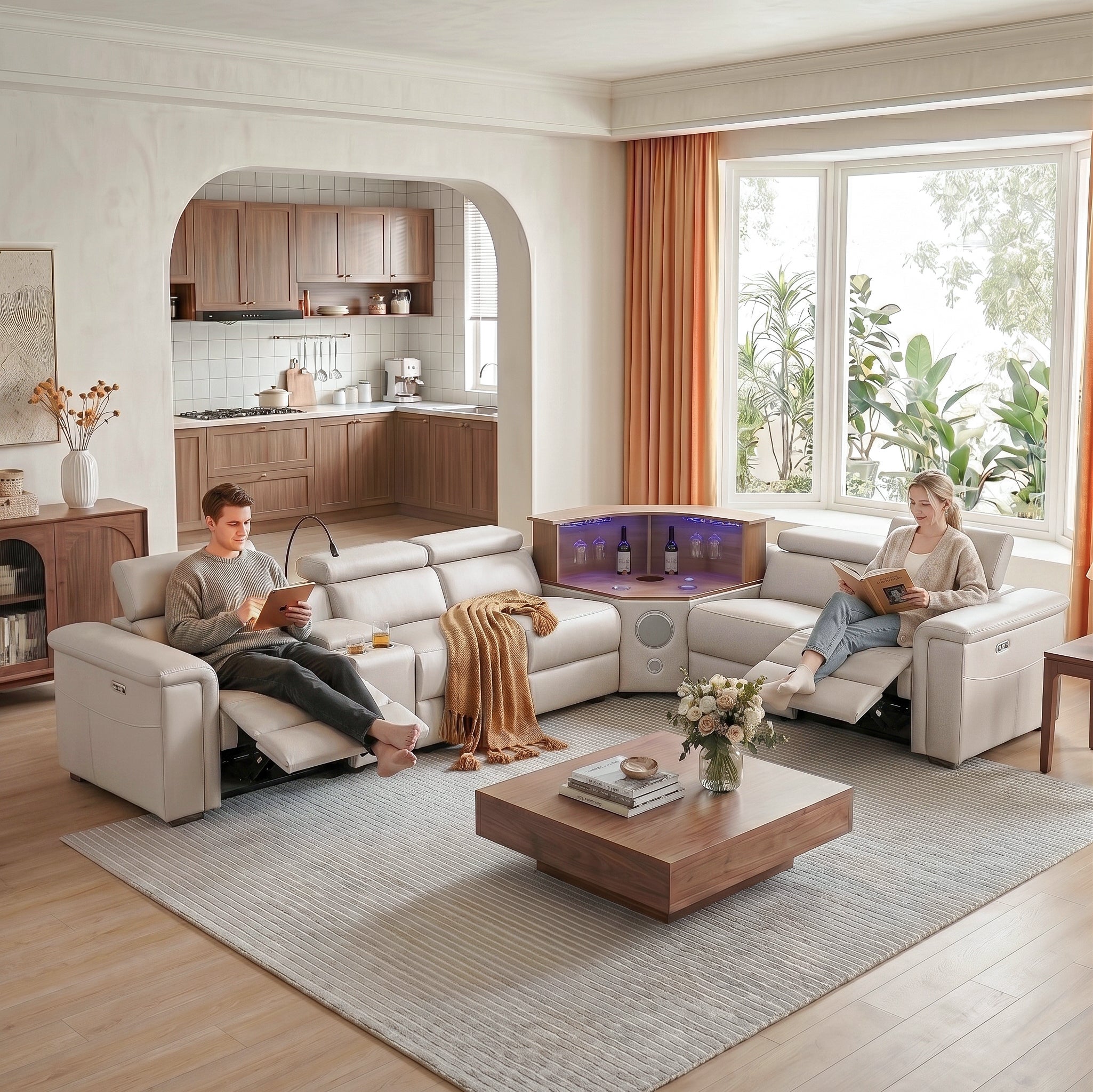 Luxury Leather Power Recliner with Rising Cabinet-Light Gray