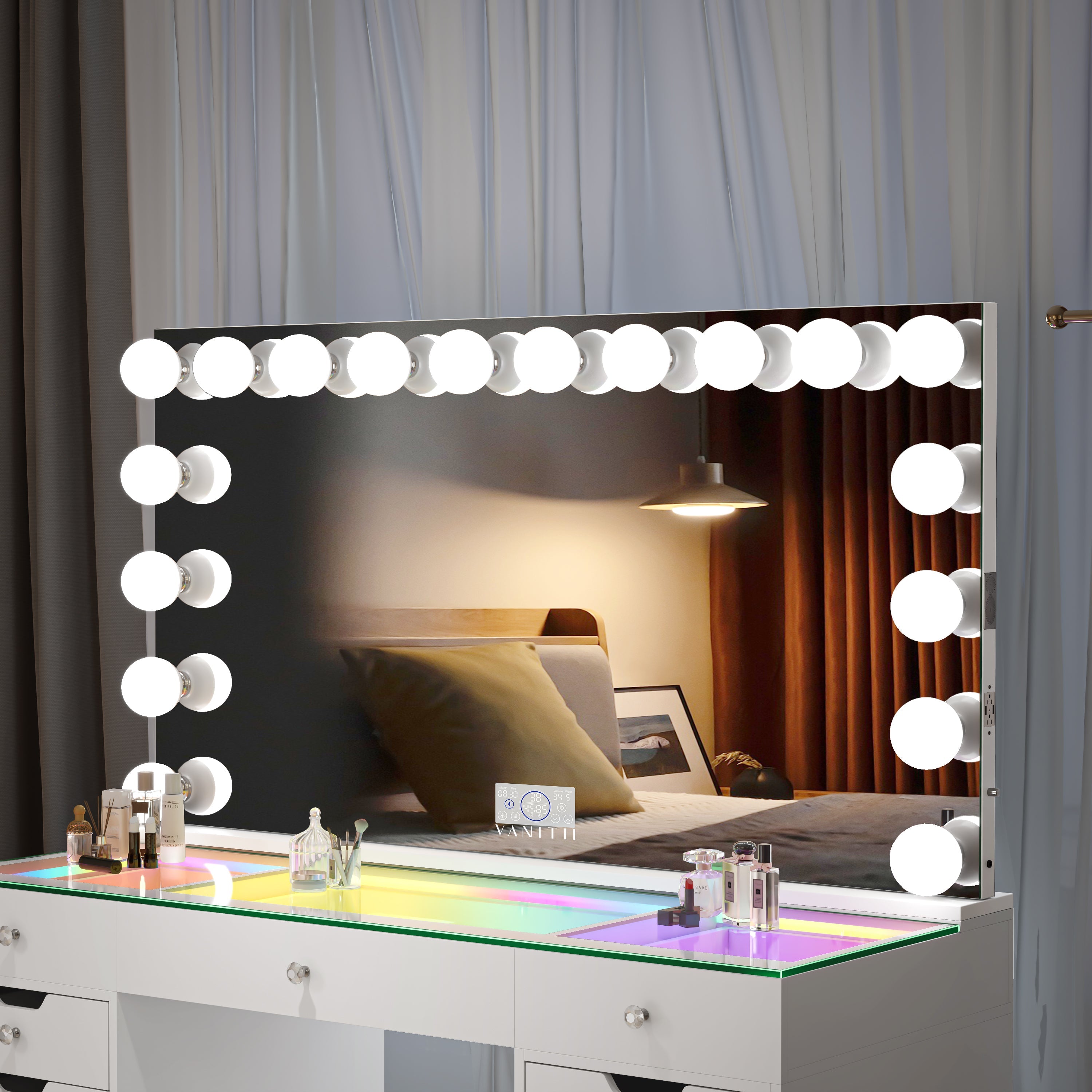 vanity desk drawers and tempered glass tabletop of VANITII EVA set