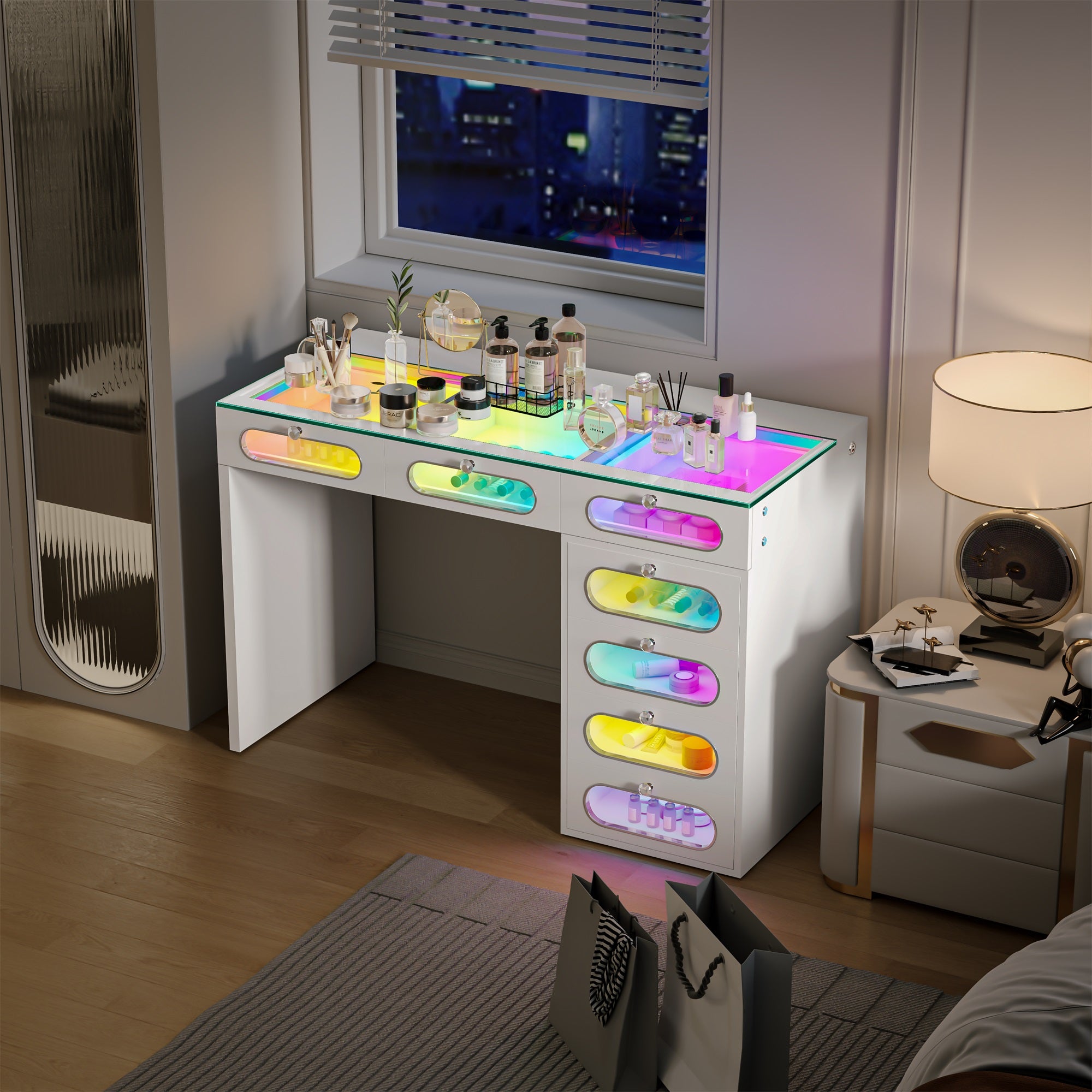 New Release ! VANITII 7 Glass Fronted Drawers with Crystal Handles