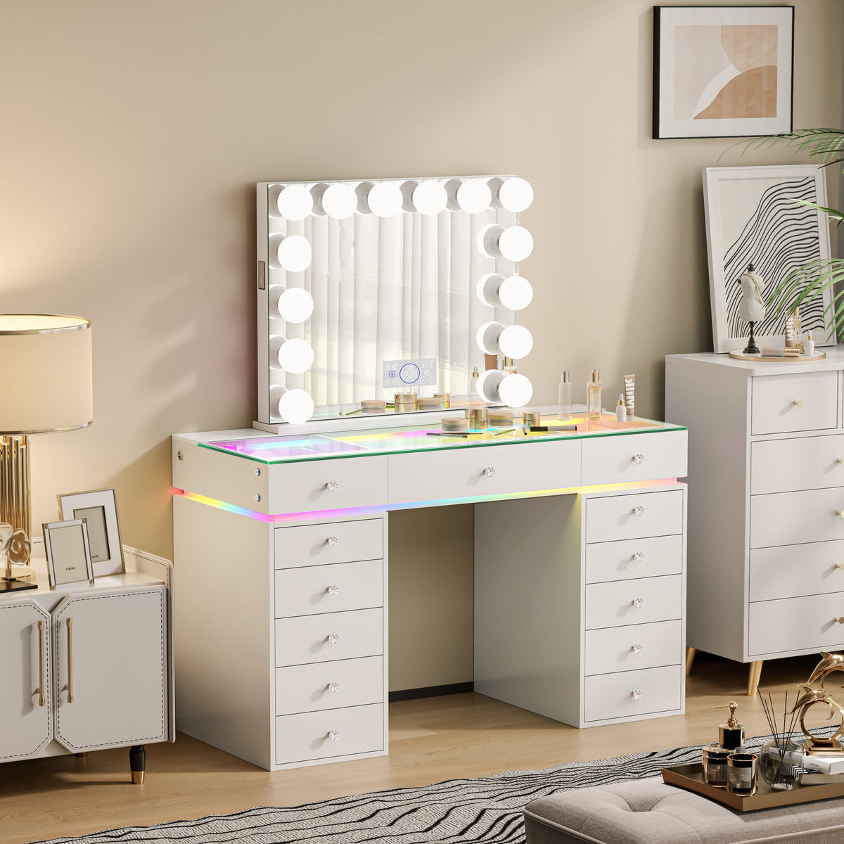 VANITII Mini Eva Vanity Desk Set - 13 Storage Drawers With 15 Bulbs