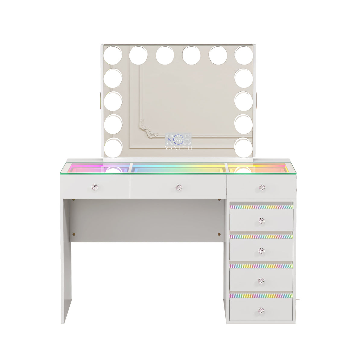 The VANITII Fenair Vanity Desk Set features a 14 LED Light Bulbs , Mirror with Hidden Side Jewelry Racks，7 crystal-knob drawers,USB&Type-C Ports and built-in Bluetooth Speaker. It adopts a simple white design, perfectly combining beauty and functionality.