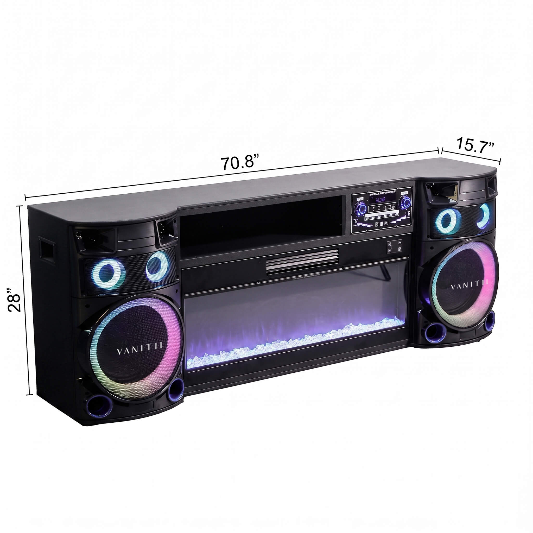 VANITII Smart Fireplace & Sound Station with Bluetooth Speakers & LED Lights