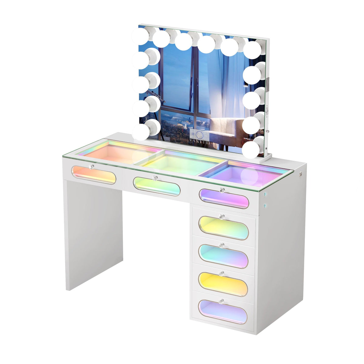 VANITII 7 Glass Fronted Drawers with Hollywood Vanity Mirror