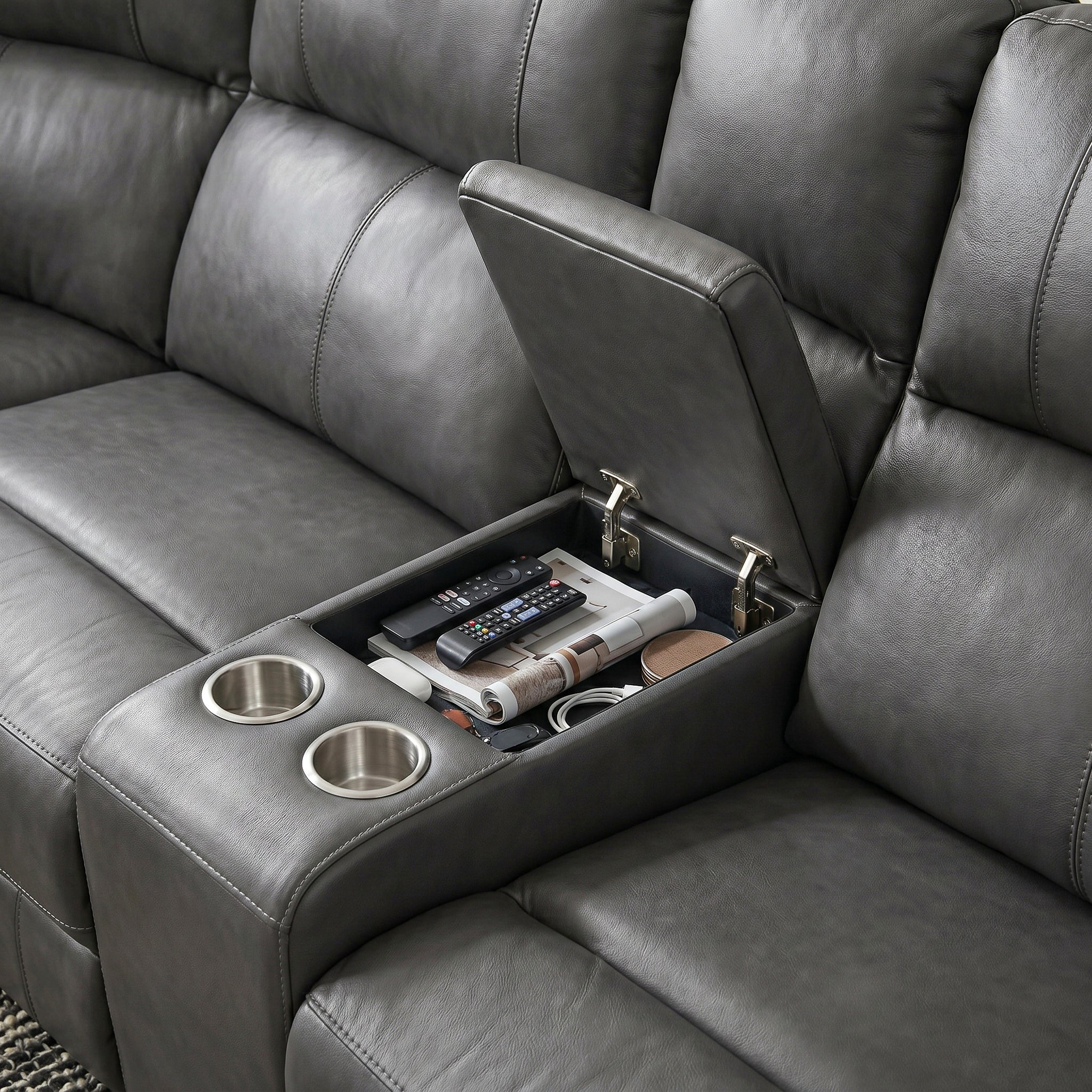 Side-mounted storage pocket holds remote, phone, magazine, and other essentials.