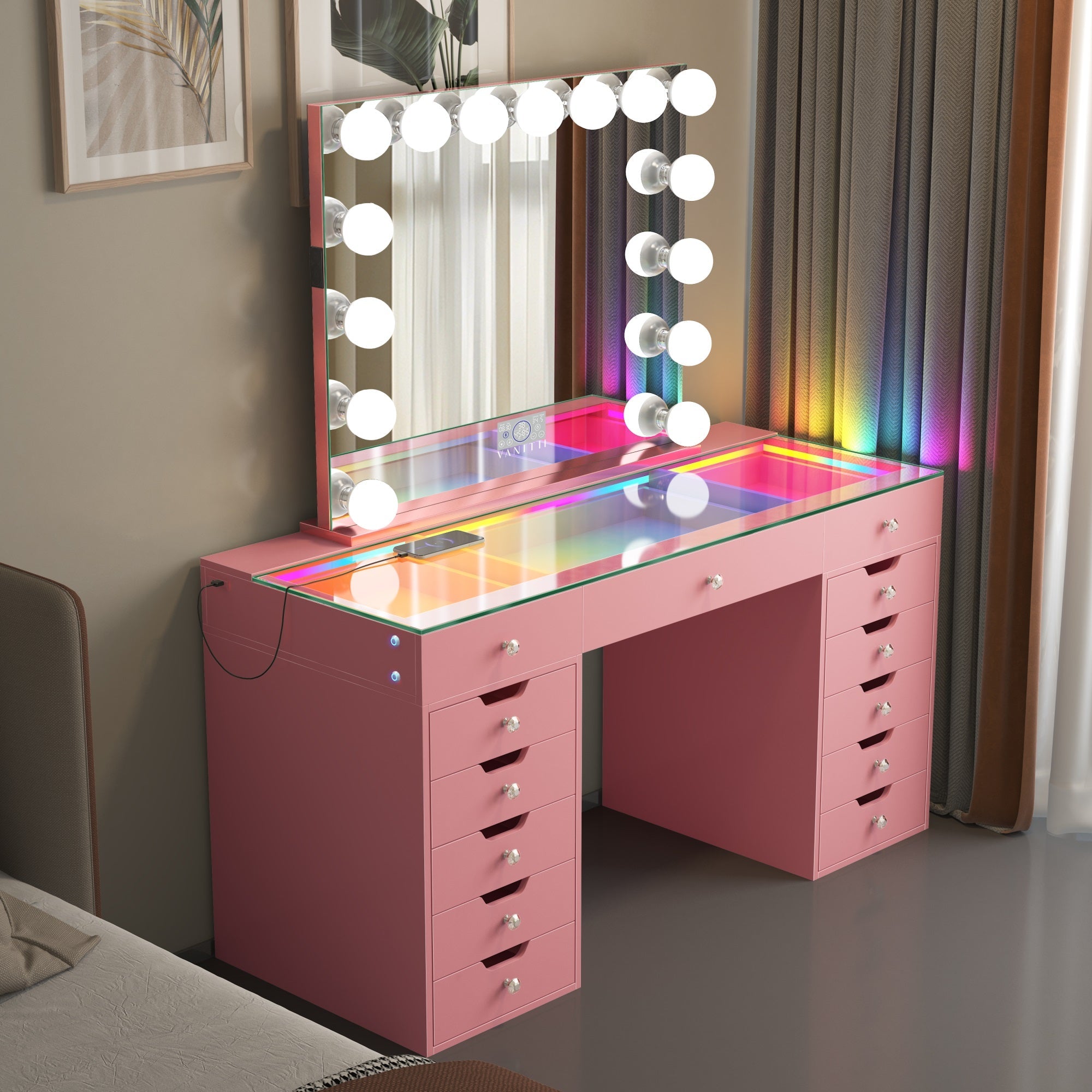 VANITII Eva-RGB Vanity Desk Set with 13 Storage Drawers and 15 Bulbs Light Mirror