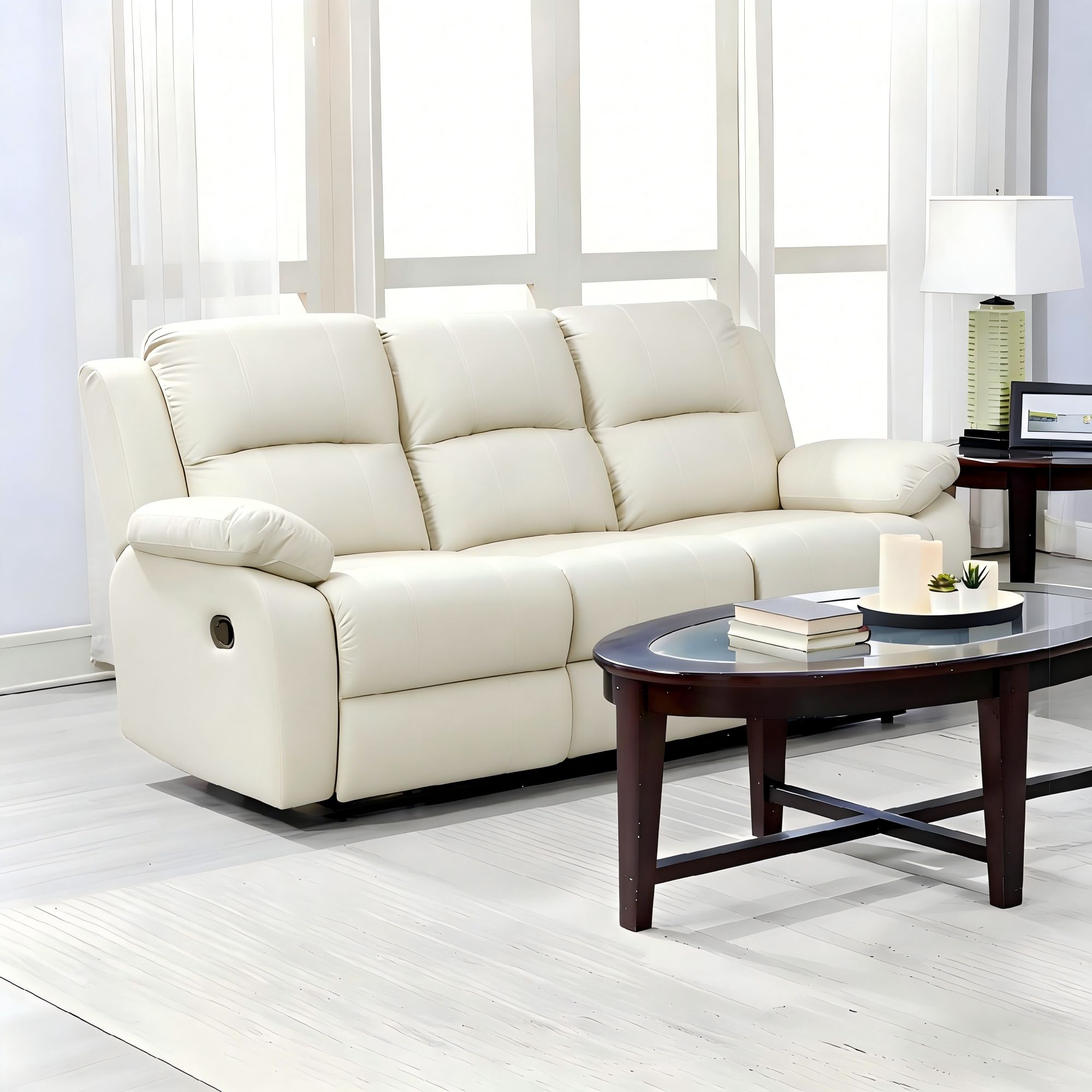 Lume Power Recliner 3-Seater Sofa in Ivory Faux Leather with Hidden Cupholders