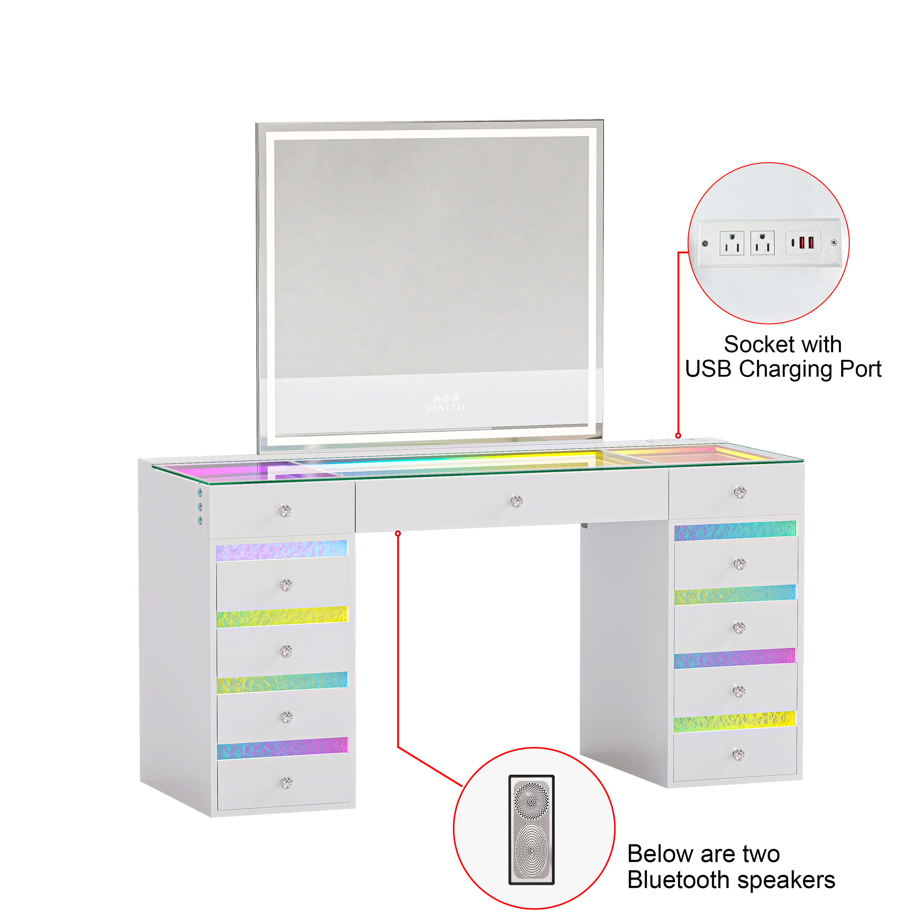 VANITII Luna Vanity RGB Table Set With Bluetooth Speaker & Hana Mirror