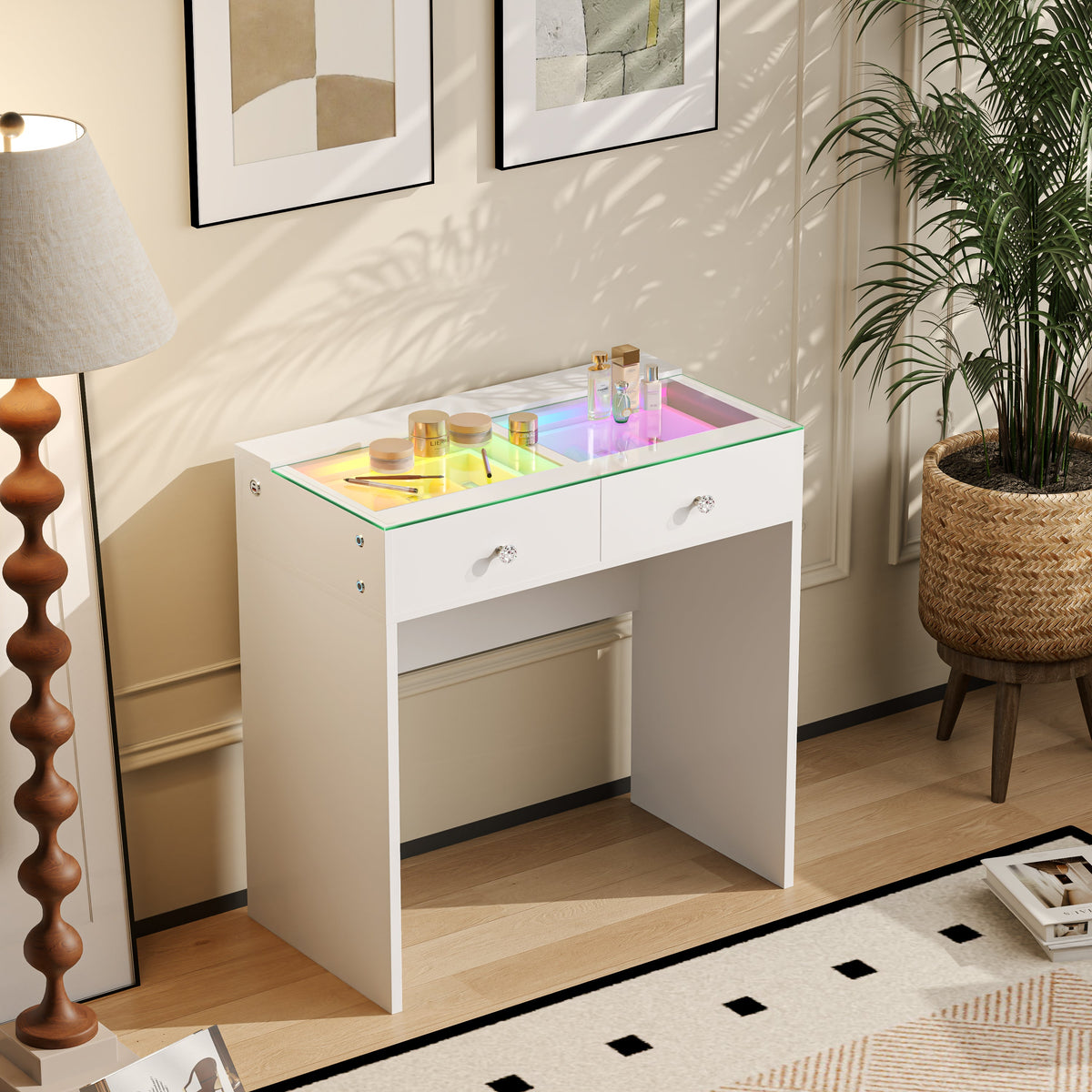 The VANITII Scarlet Vanity Desk features 2 crystal-knob drawers,USB&Type-C Ports and RGB strip light. It features a simple white design. It is placed in the bedroom and is both practical and versatile.