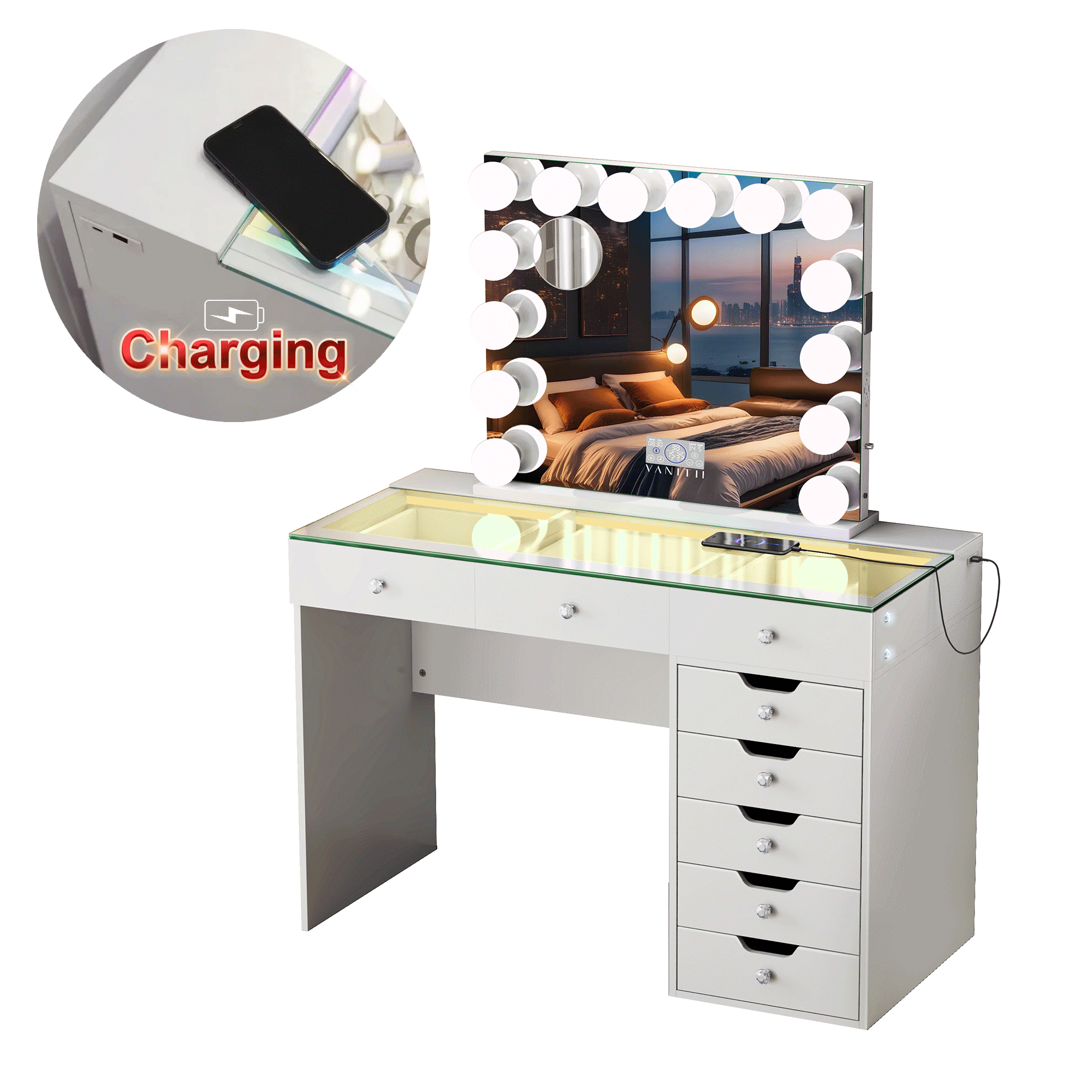 VANITII Diana Vanity Desk Set- 8 Storage Drawers with Vanity Mirror