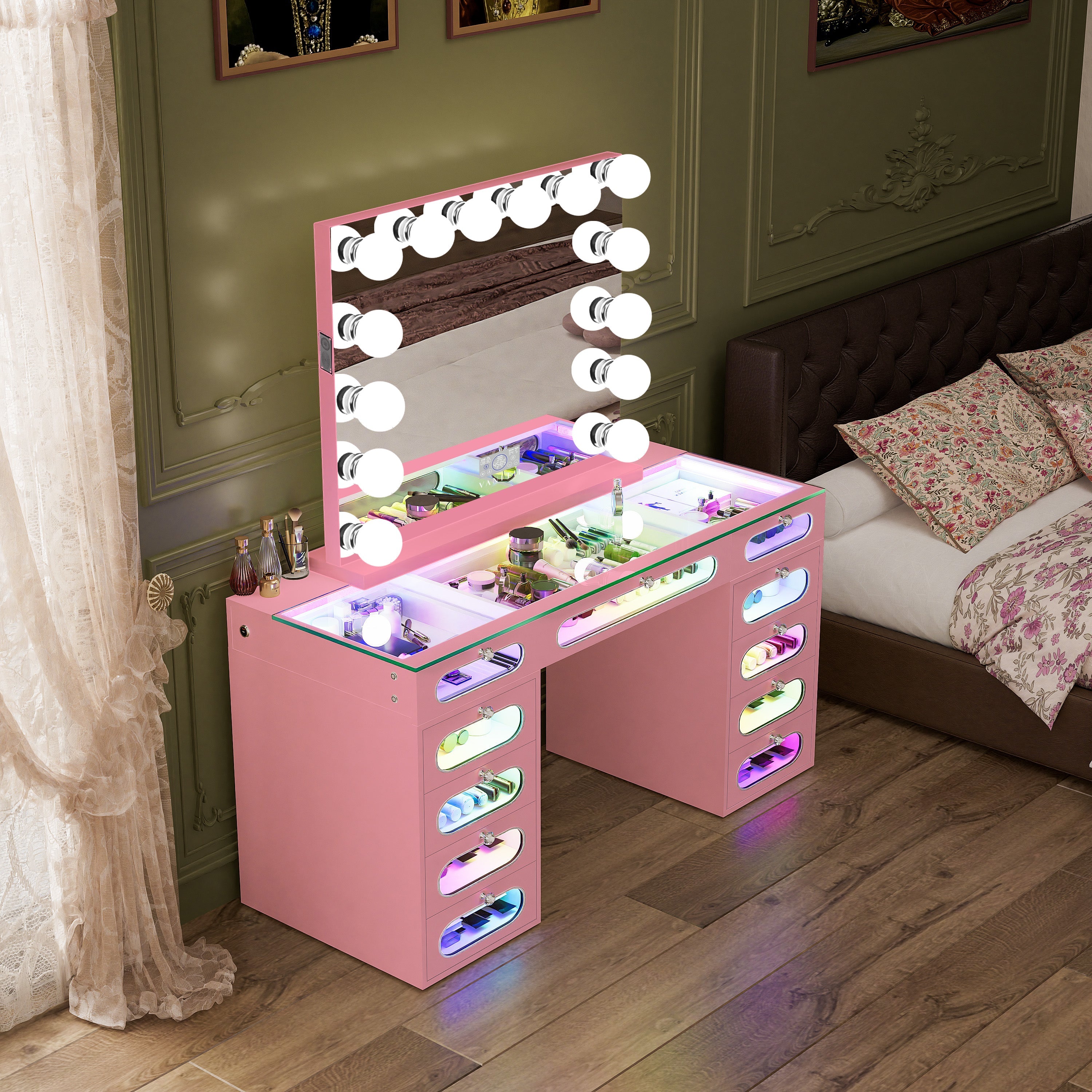 New Release ! VANITII Priscilla Vanity Desk-11 Glass Fronted Drawers Vanity Set